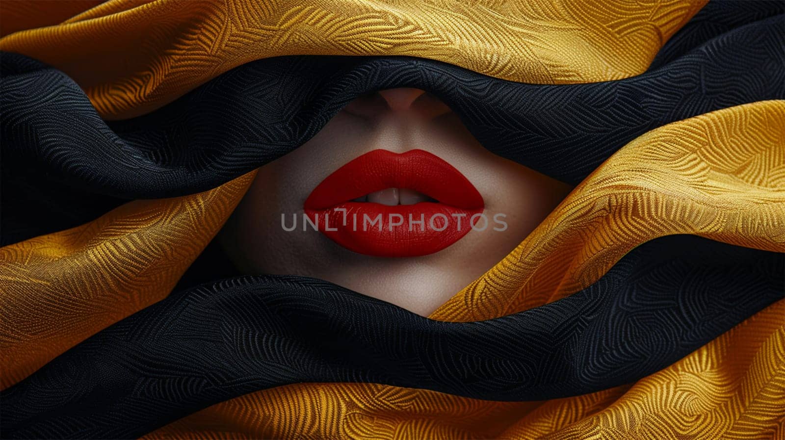 Fashion portrait, red lips, combination of black and yellow fabric, minimalism