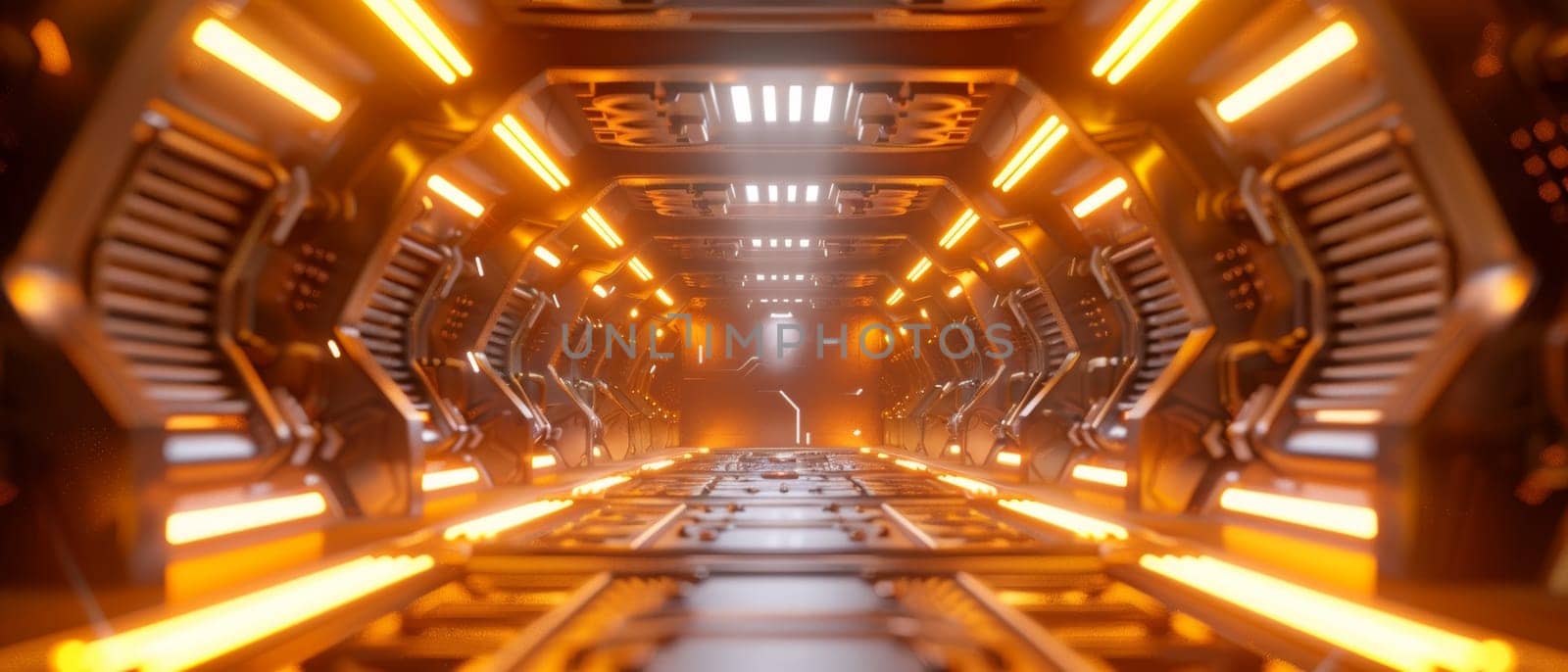 Sci Fi Tunnel on the Alien Spaceship. Glowing Metal Corridor with Cinematic Neon and Fluorescent Lights - shallow detail focus. 3D Rendering Futuristic Construction Space for Wallpaper and Background