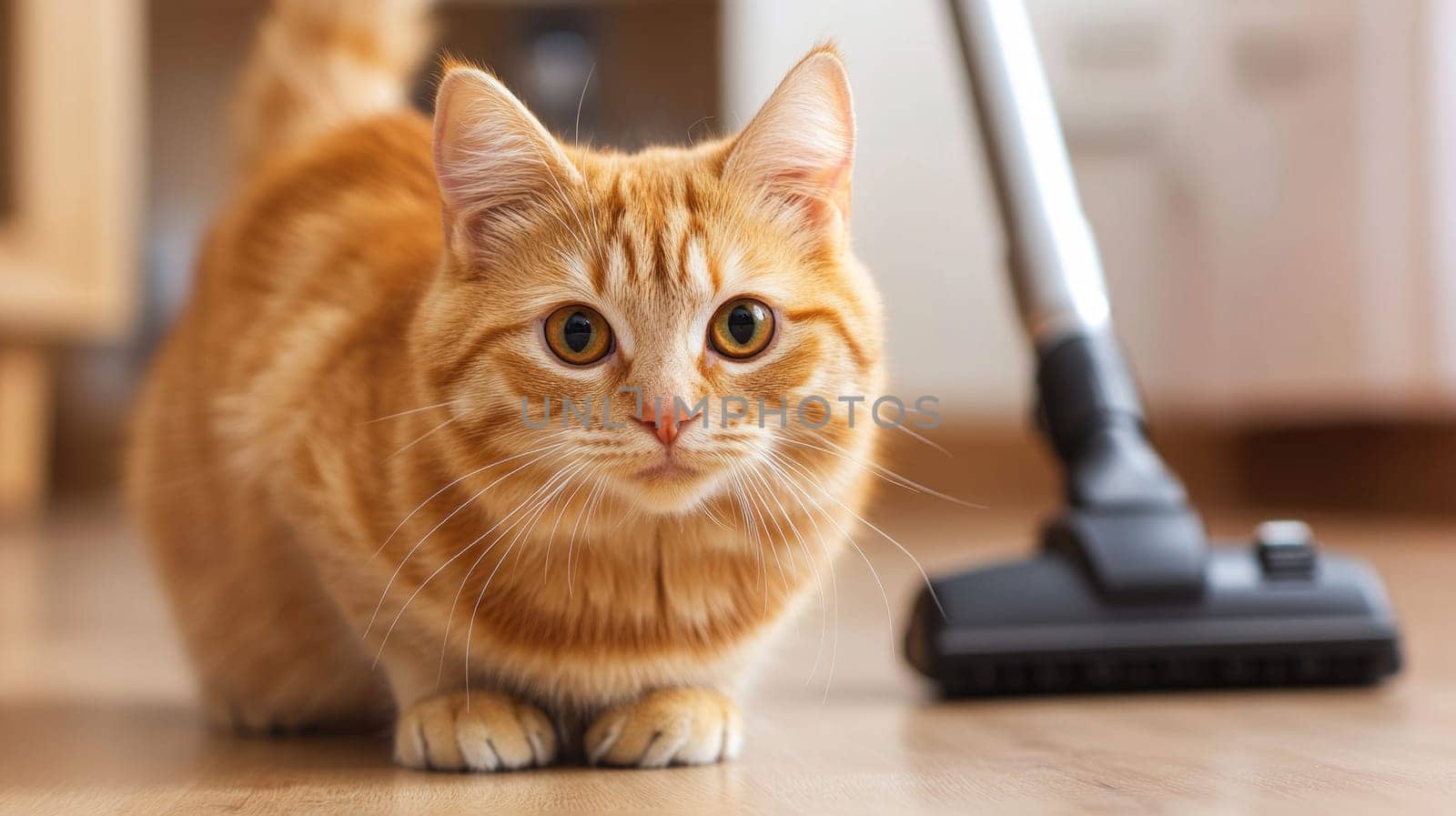 A ginger cat crouches on the floor, watching a nearby vacuum cleaner with curiosity.a moment of pet personality and home life.
