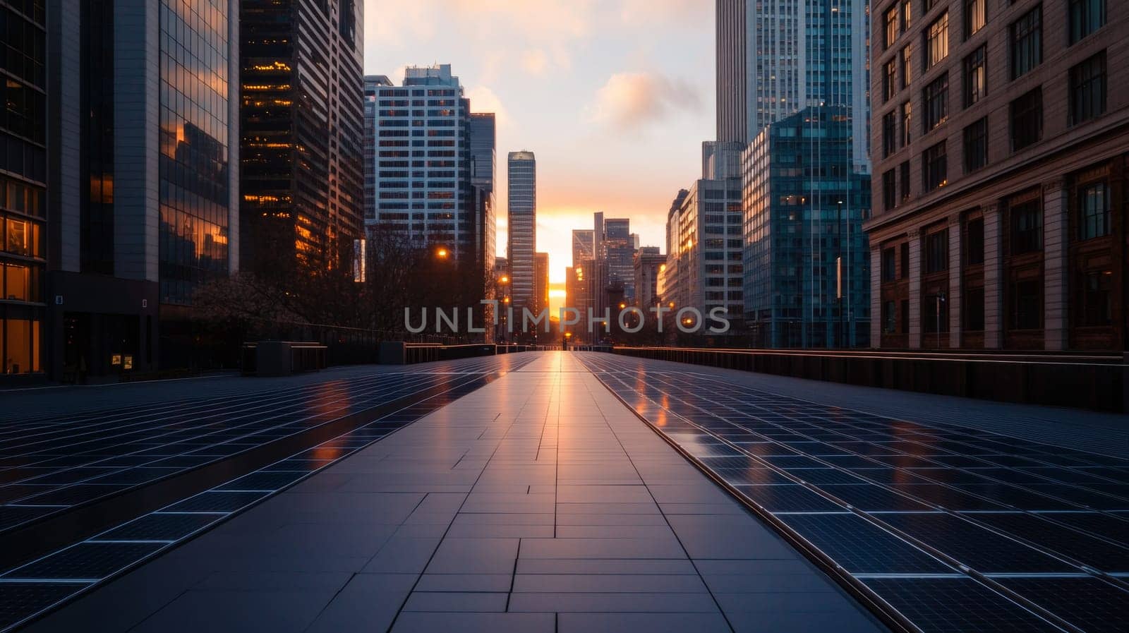 A cityscape view of tall buildings at sunset with reflections on a glossy floor, capturing the serene beauty of urban landscapes and architecture.