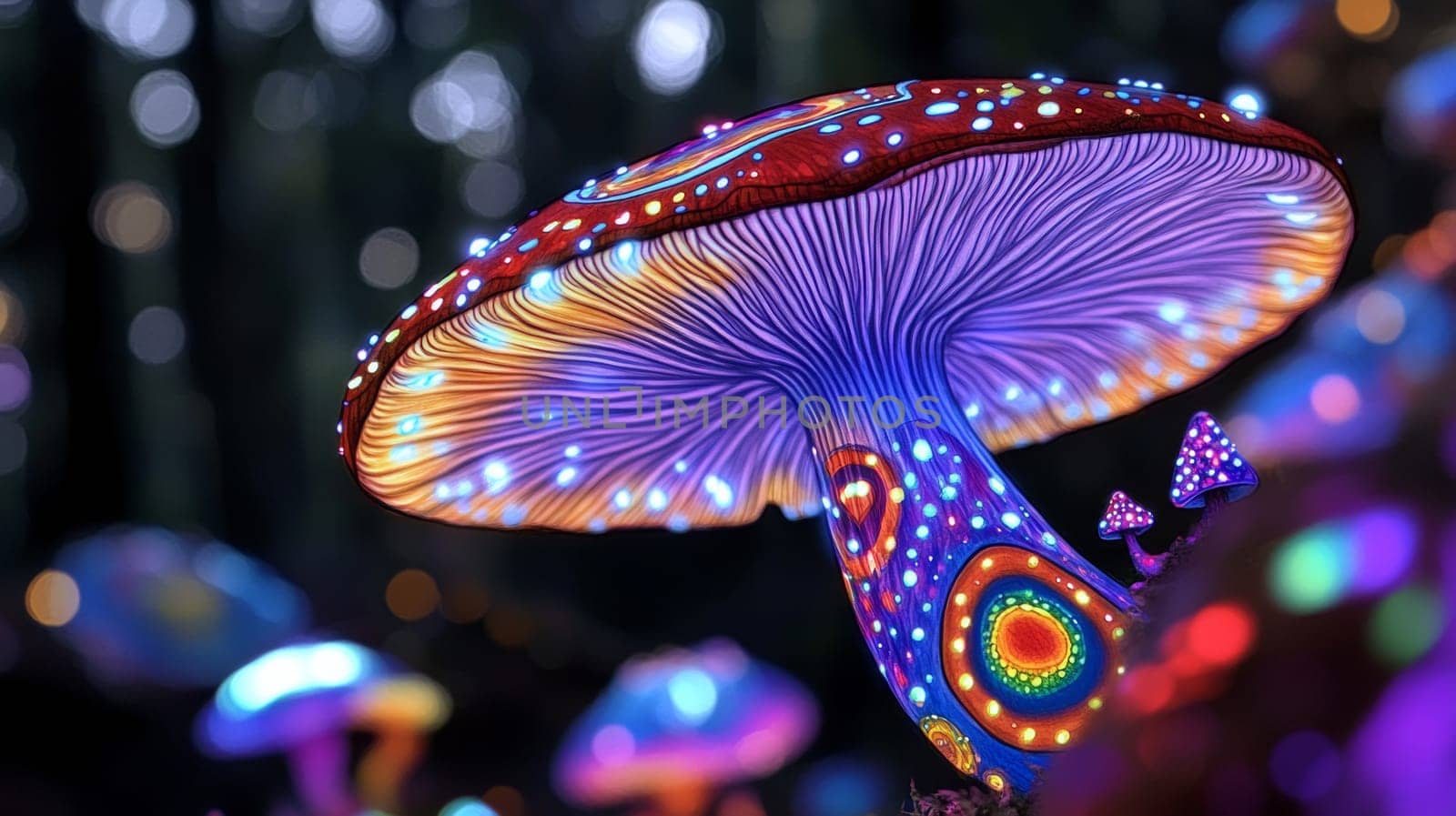 A colorful drawing of a giant mushroom with patterns on the cap. The background is black with glowing psychedelic highlights