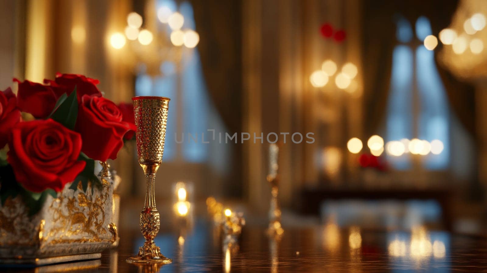 A luxurious dining table with red roses, candles, and golden accents, creating a romantic, upscale ambiance ideal for special occasions.
