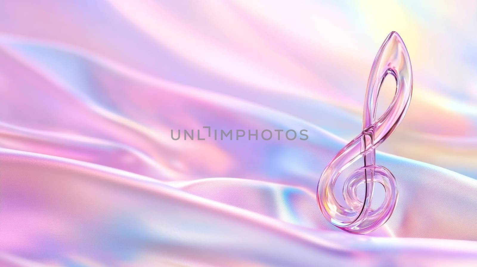 A floating translucent treble clef made of glass-like material, surrounded by shimmering multi-colored waves. The concept of musical inspiration.