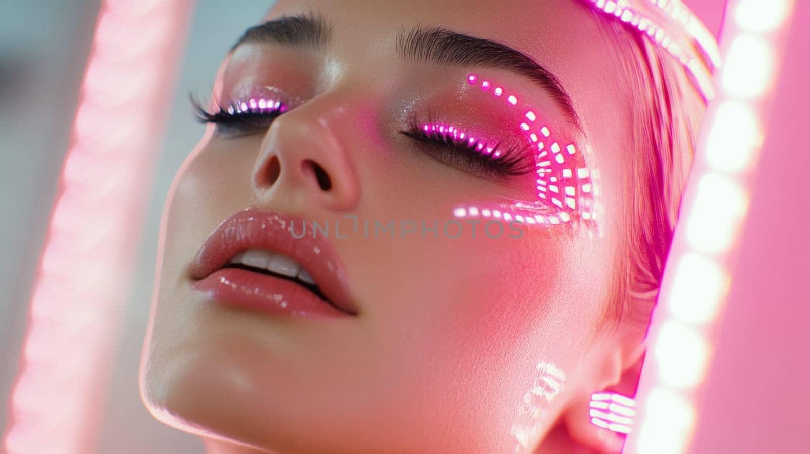 Young woman's face with shimmering makeup on her eyes. Cybernetic Futuristic Beauty Salon Spa