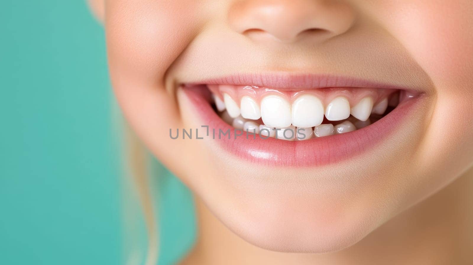 Close-up of smiling child Teeth and gums are healthy and well-groomed. Soft pastel green background color