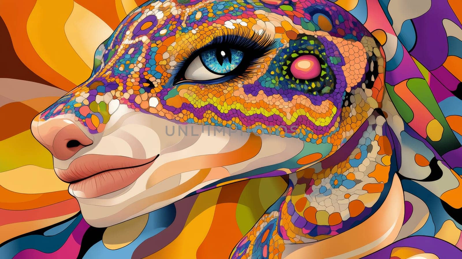 A surreal abstract portrait of a snake man with psychedelic patterns in orange, green and purple.