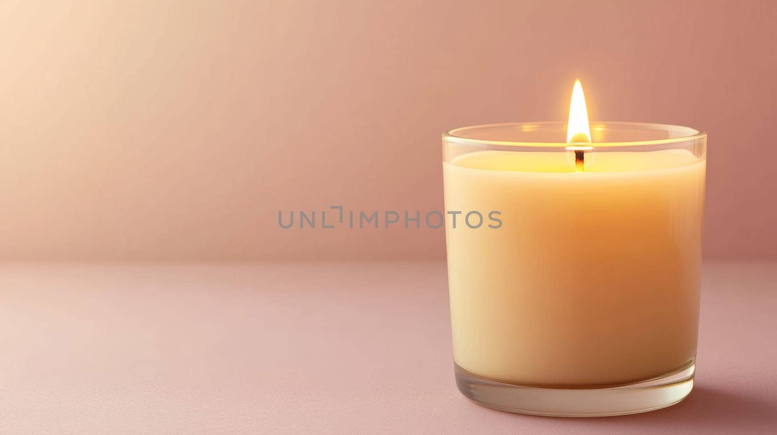 A single lit candle in glass with a soft, flickering flame. on Background light lavender.copy space
