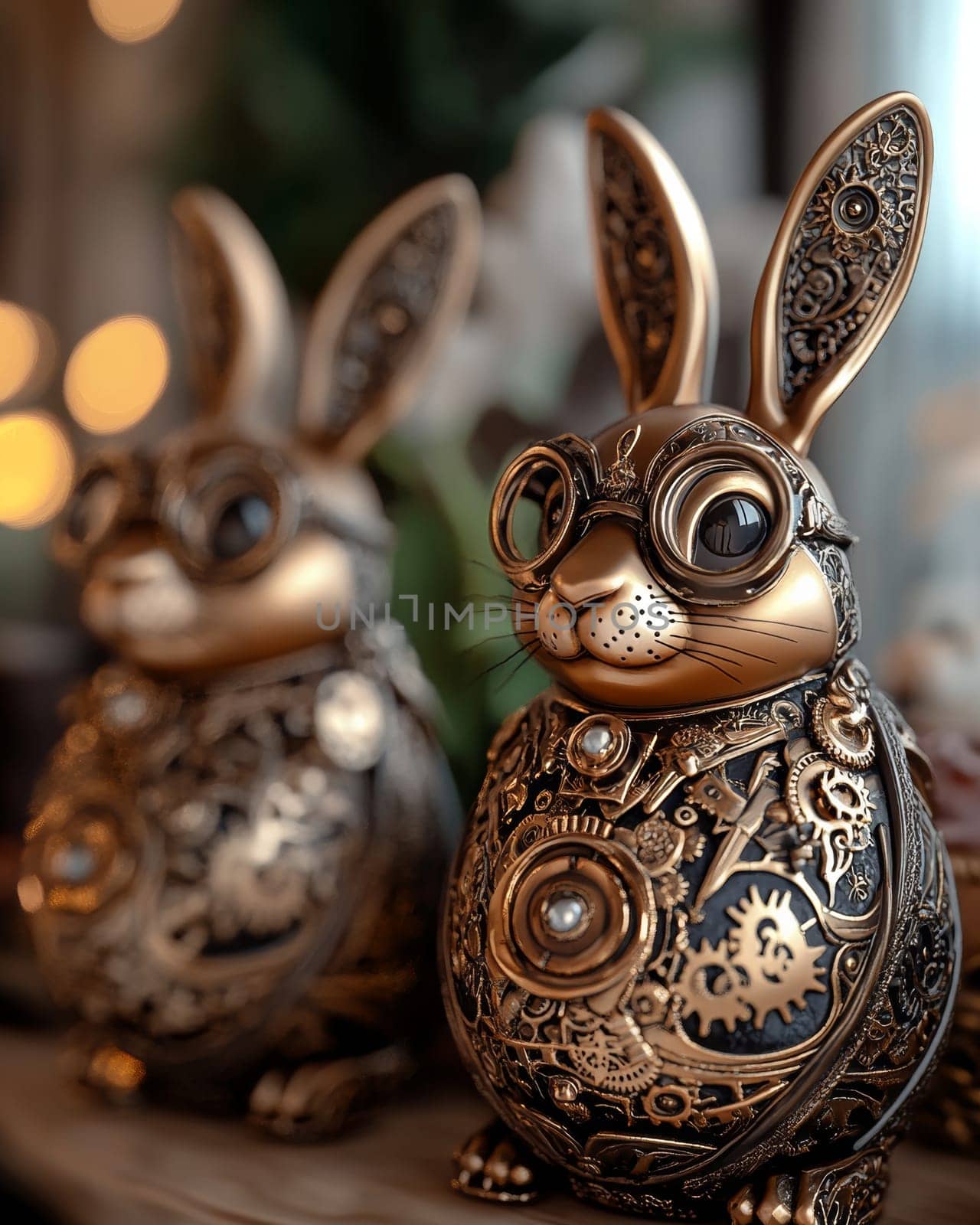 bunnies in vintage glasses with gears and mechanisms inside.steampunk easter