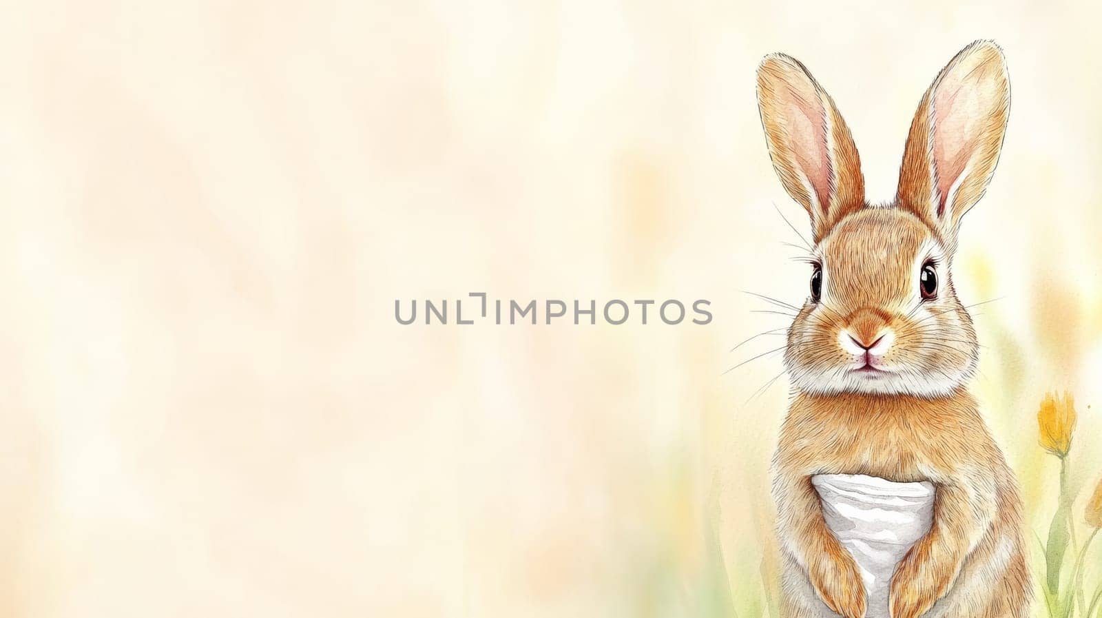 Watercolor drawing of a bunny in a tiny diaper. The animal is drawn in soft colors.copy space