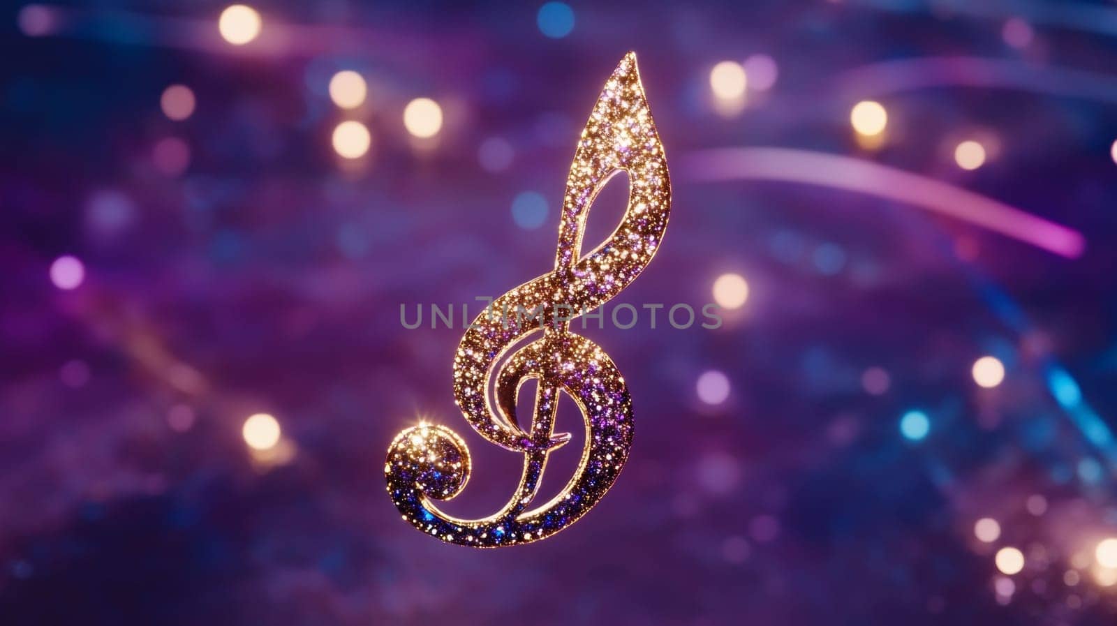 A floating translucent treble clef made of a glass-like material surrounded by shimmering multi-colored sound waves.