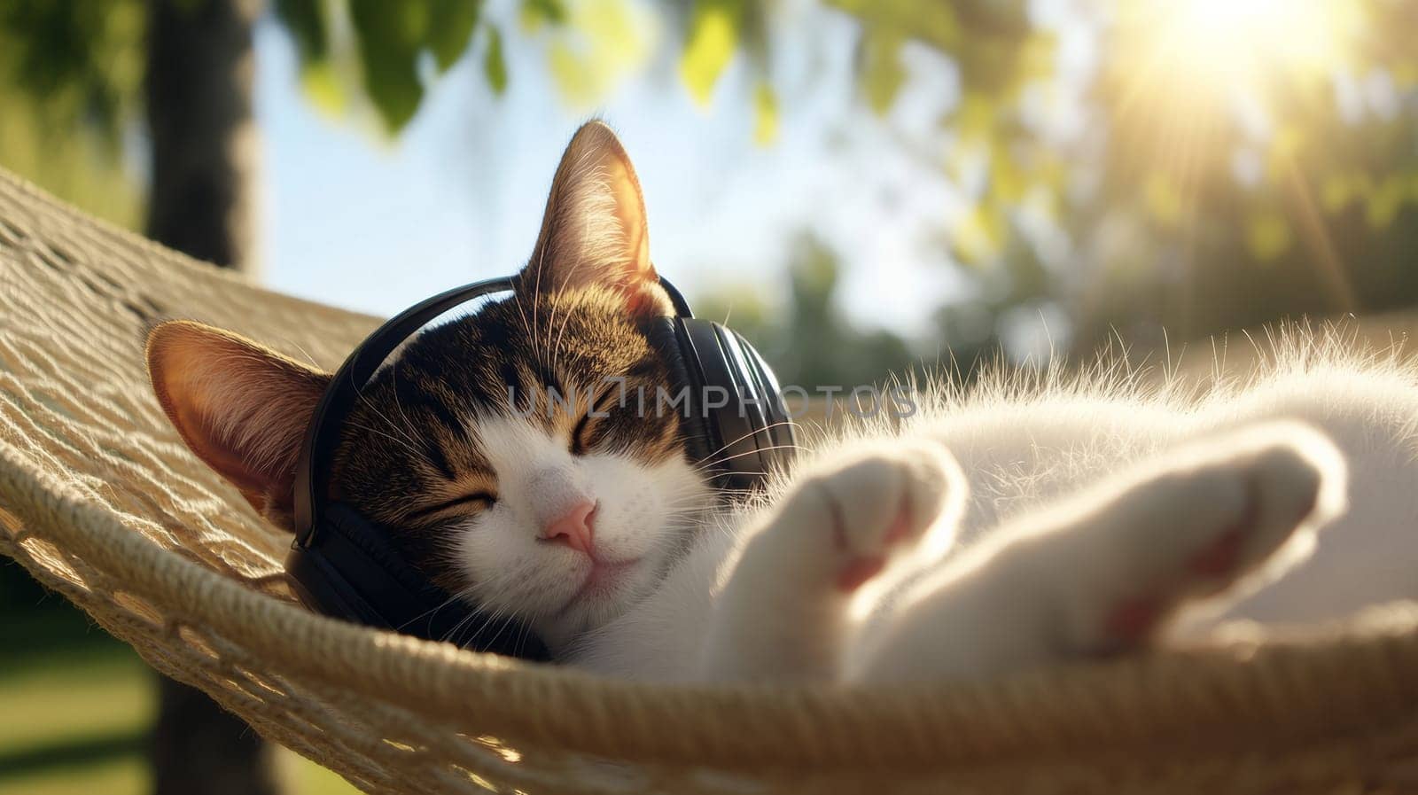 Relaxed cat relaxing in a hammock with headphones on and enjoying a sunny day in a cozy environment.
