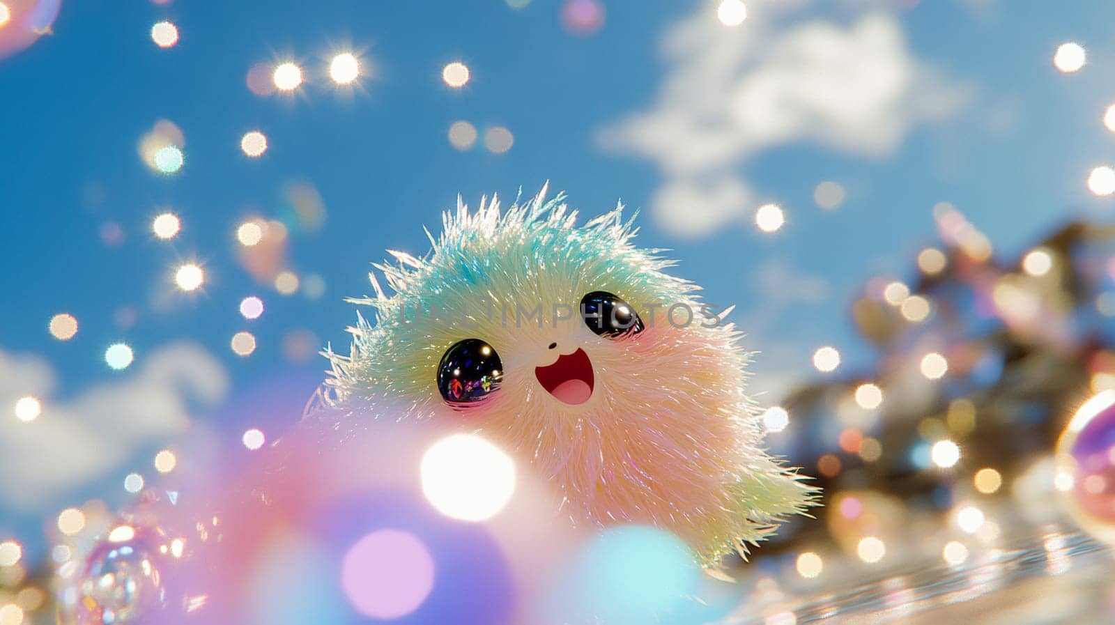 A cheerful Furry creature in the shape of a ball with big eyes. Its fur is soft and iridescent, changing colors from pastel pink to mint green.