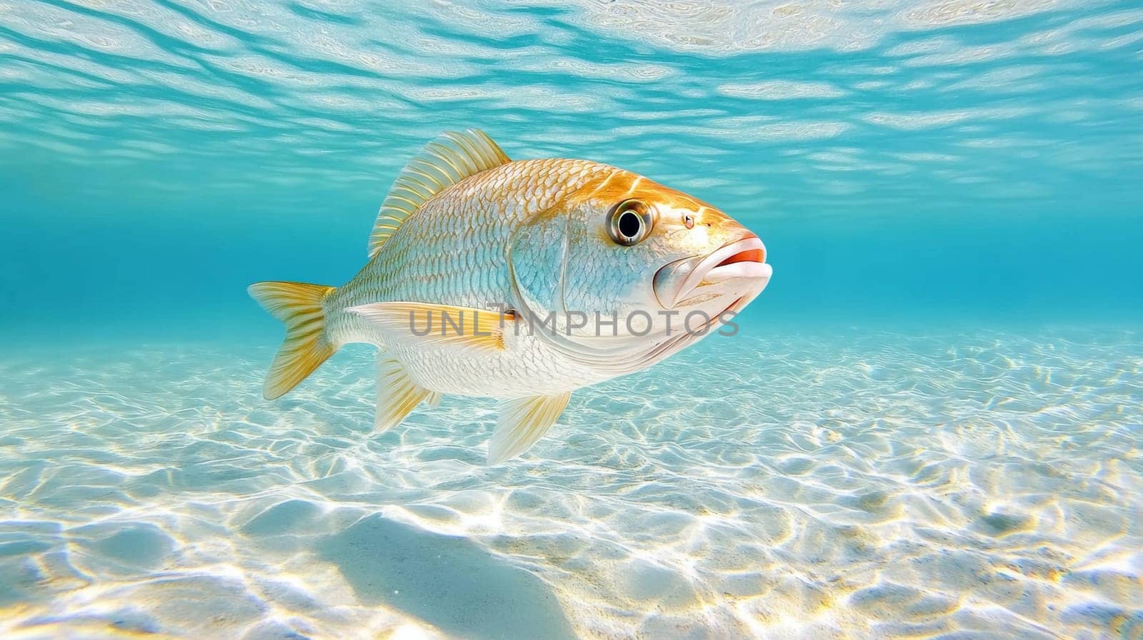 a large fish swimming under the surface of the water. Above the fish, soft waves are colored in pale blue and turquoise shades