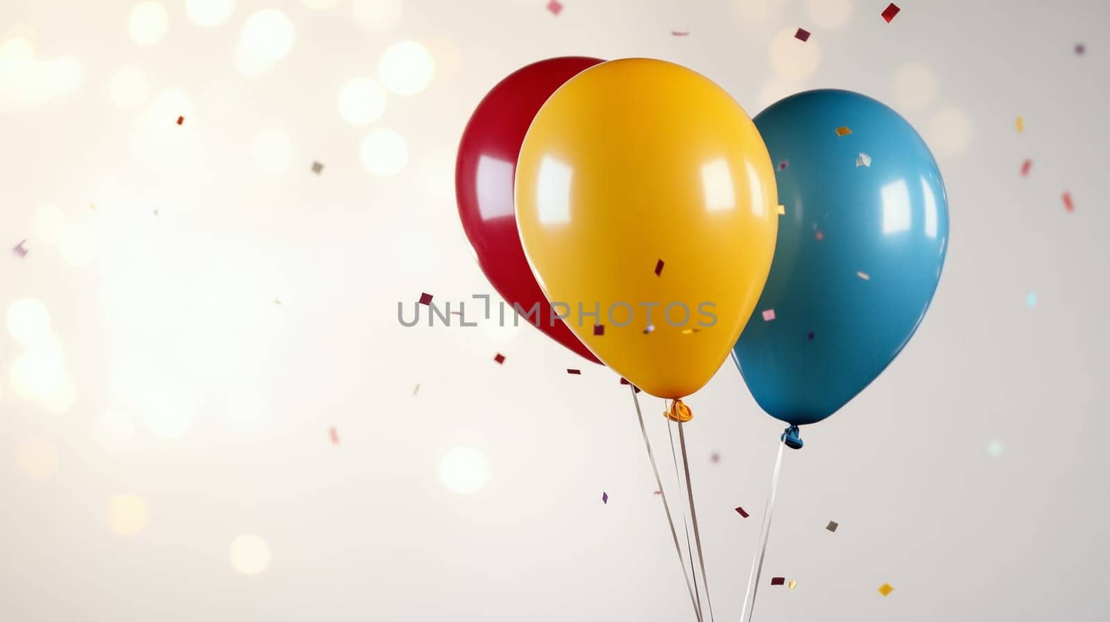 Three multi-colored balloons - red, blue and yellow - float at the top on threads. Small confetti is scattered in the air around them