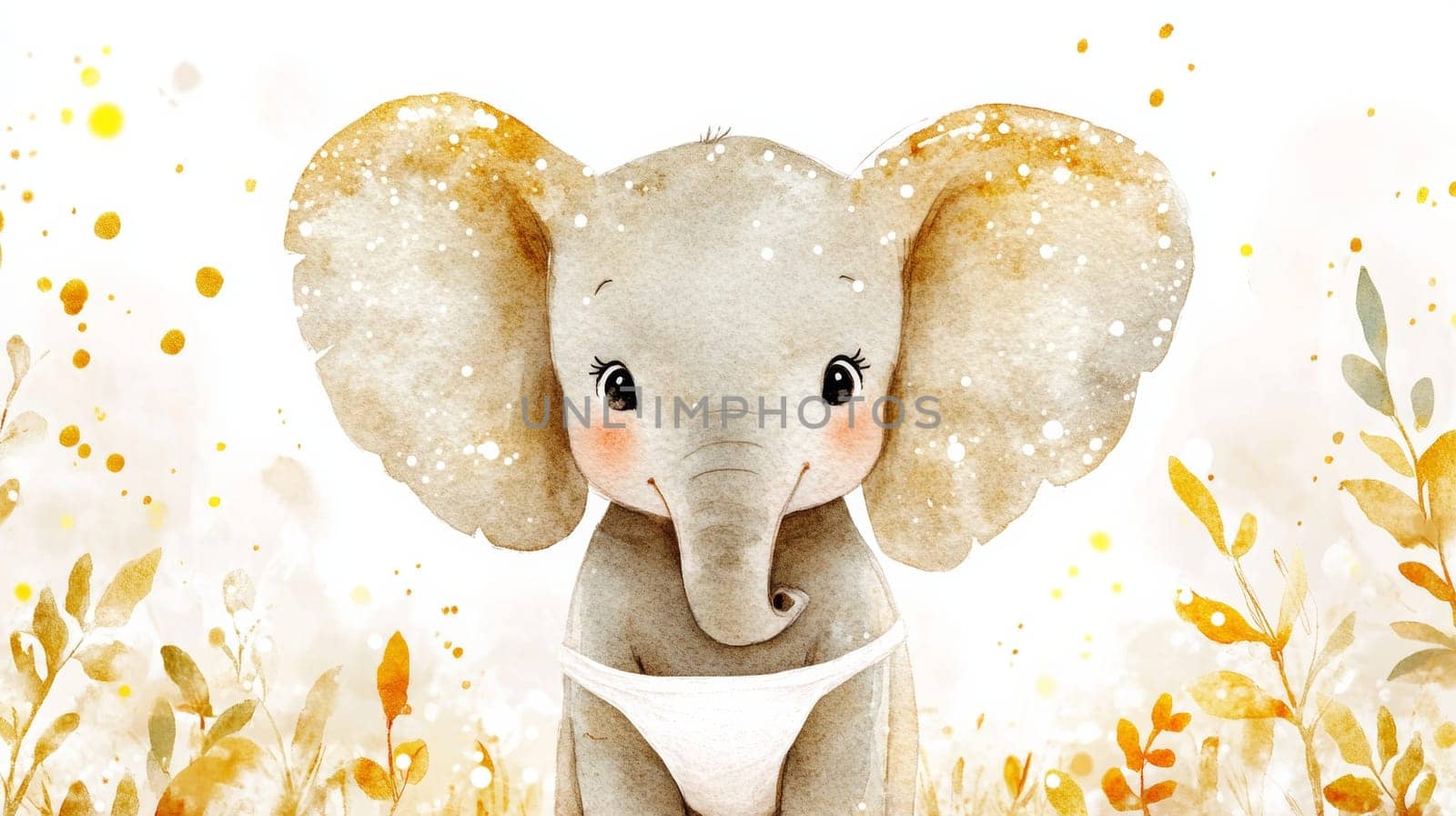 Watercolor drawing of a baby elephant in a tiny diaper. The animal is drawn in soft colors