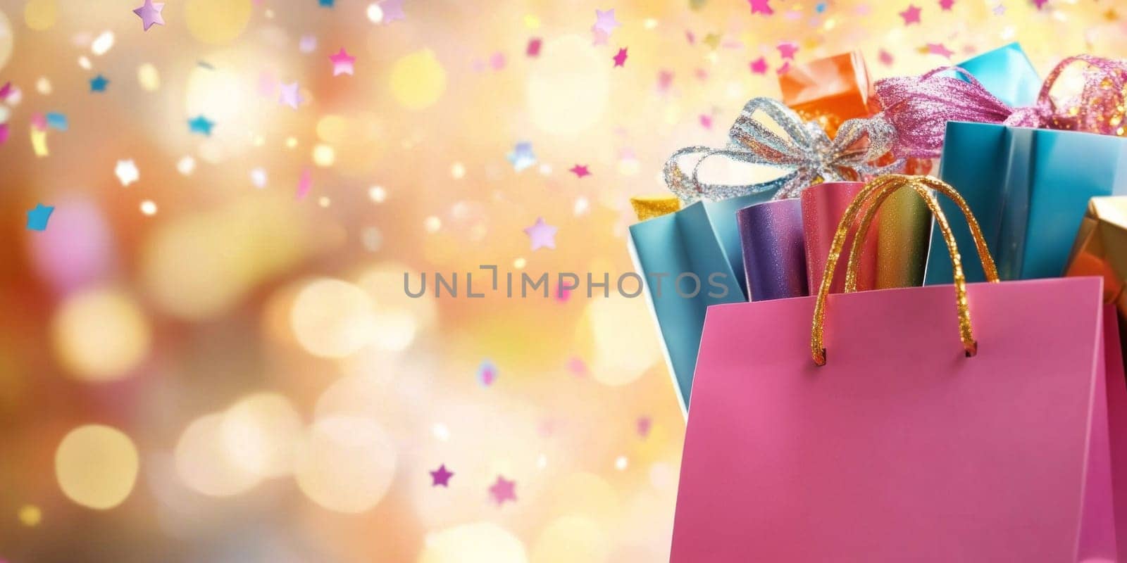 Bright banner of a large shopping bag filled with colorful goods, with confetti and stars in the background