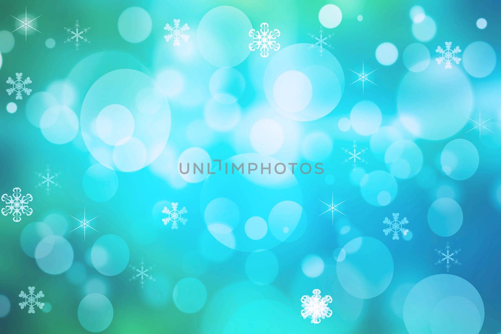 Abstract blurred festive delicate winter christmas or Happy New Year background with shiny blue green and white bokeh lighted circles stars. Space. Card concept.