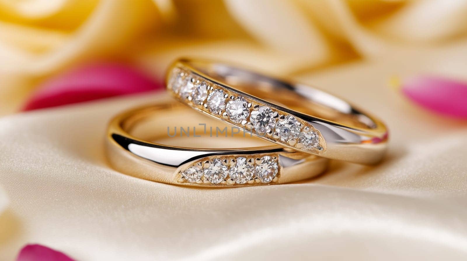 Elegant set of wedding rings on soft satin fabric.