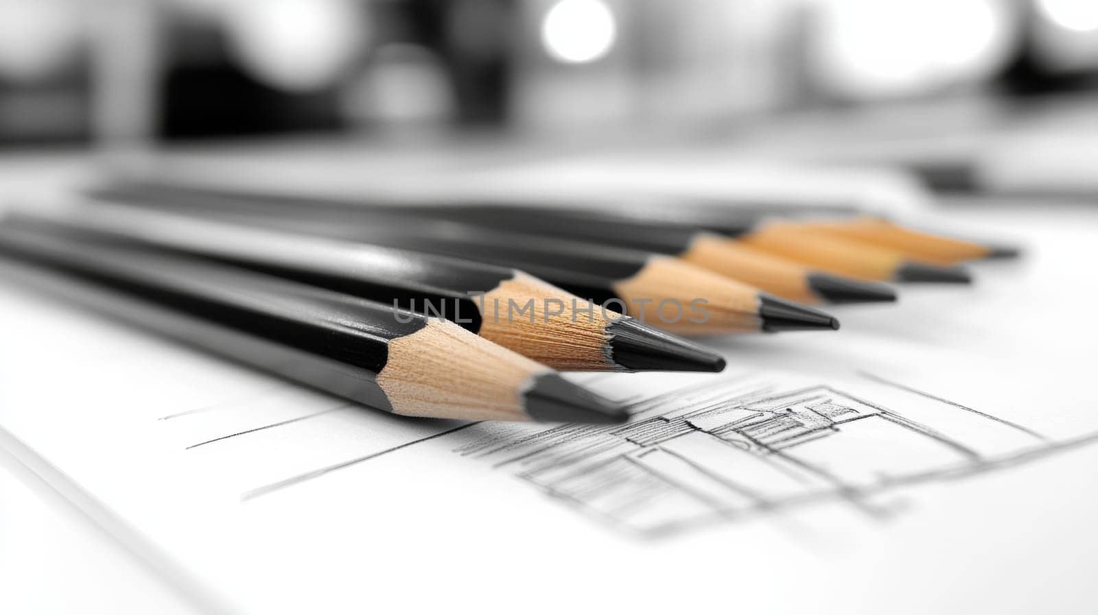 black pencils lie on a white sheet with graphic lines.