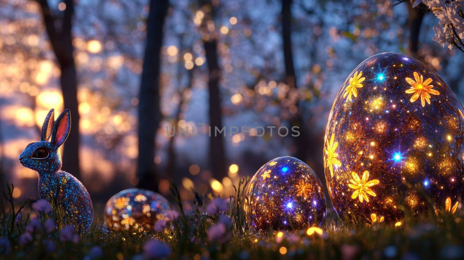 Easter on a fairytale planet, eggs made of crystals, luminous patterns in the form of star systems, glowing trees in the background, surreal sky