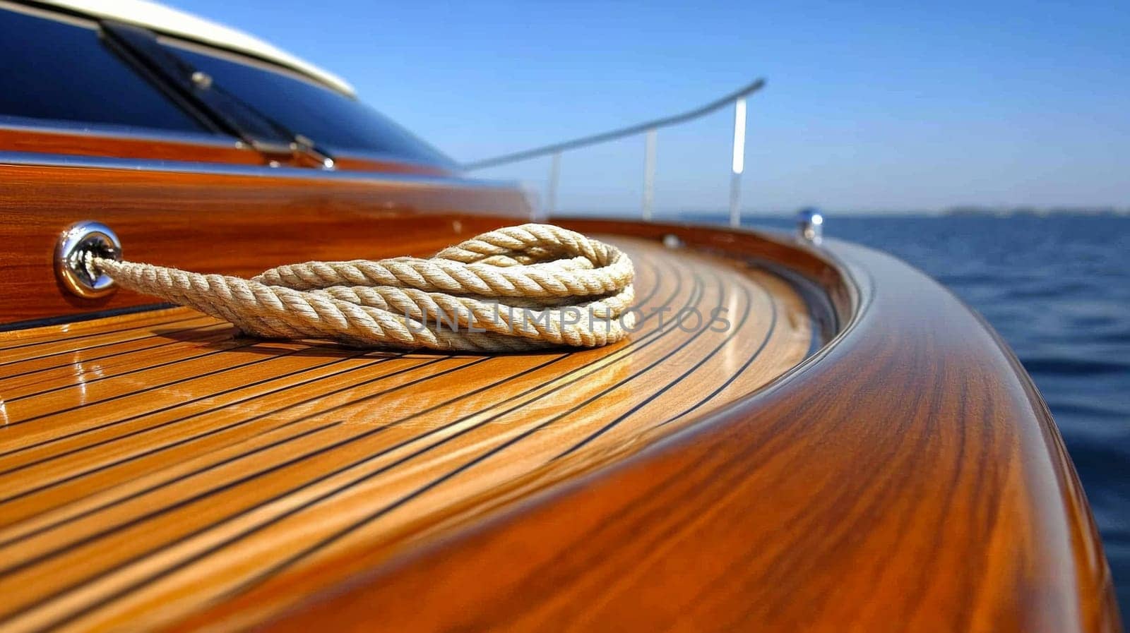 Close-up of the wooden deck of a yacht with a rope wound on the surface. The woody texture is warm and rich