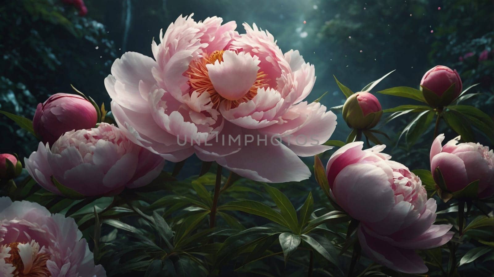 Close-up image of pink peonies in bloom. The peonies are illuminated by soft, warm light, showcasing their delicate petals and textures. A high-quality photo.