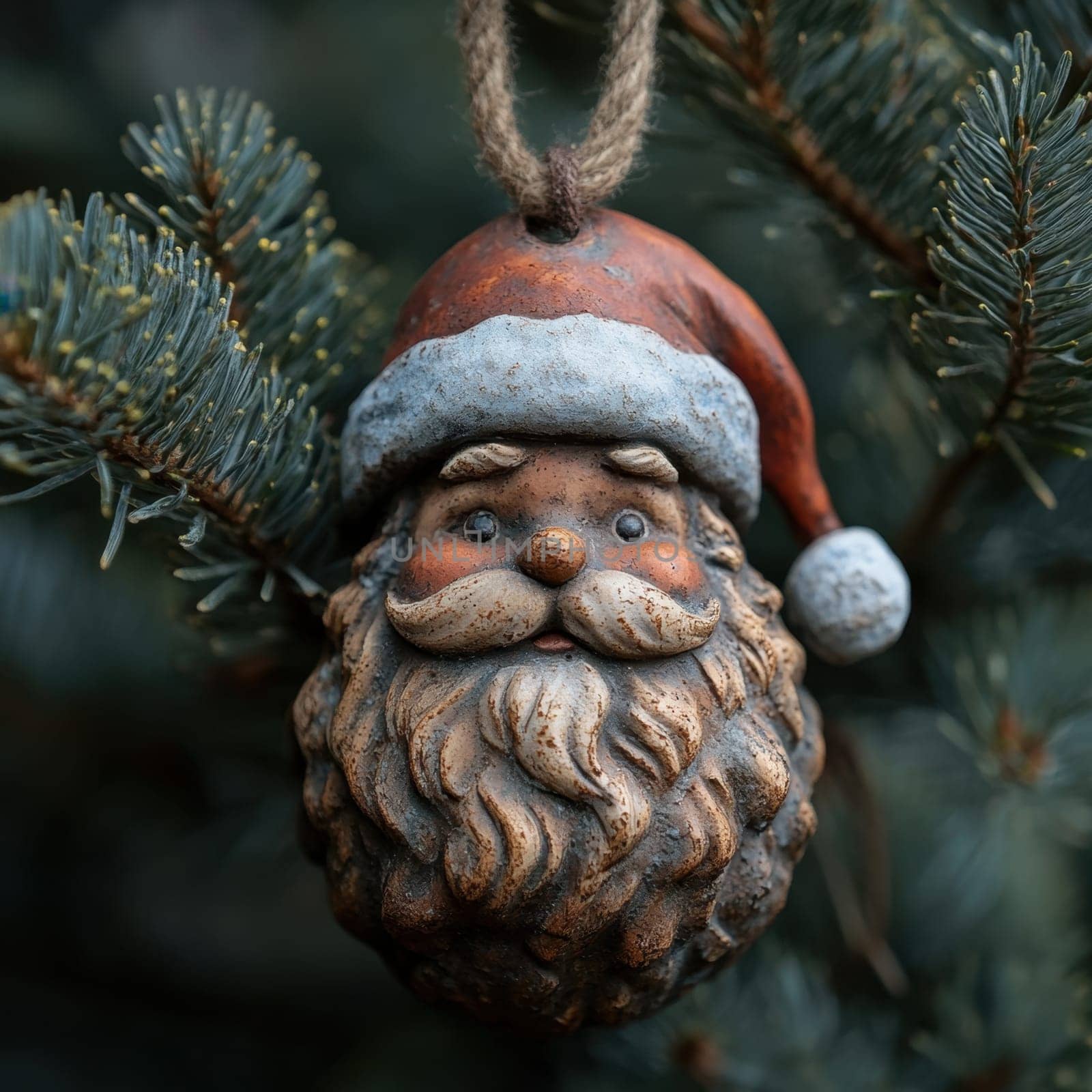 A delightful Santa ornament hangs from a pine branch bringing festive cheer to the winter atmosphere and holiday season.
