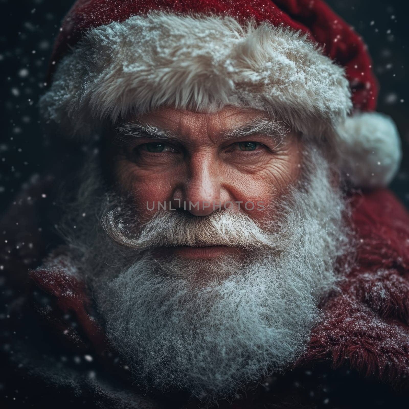 An elderly man dressed as Santa Claus stands in a snow covered setting surrounded by snowflakes conveying a festive and cheerful atmosphere.