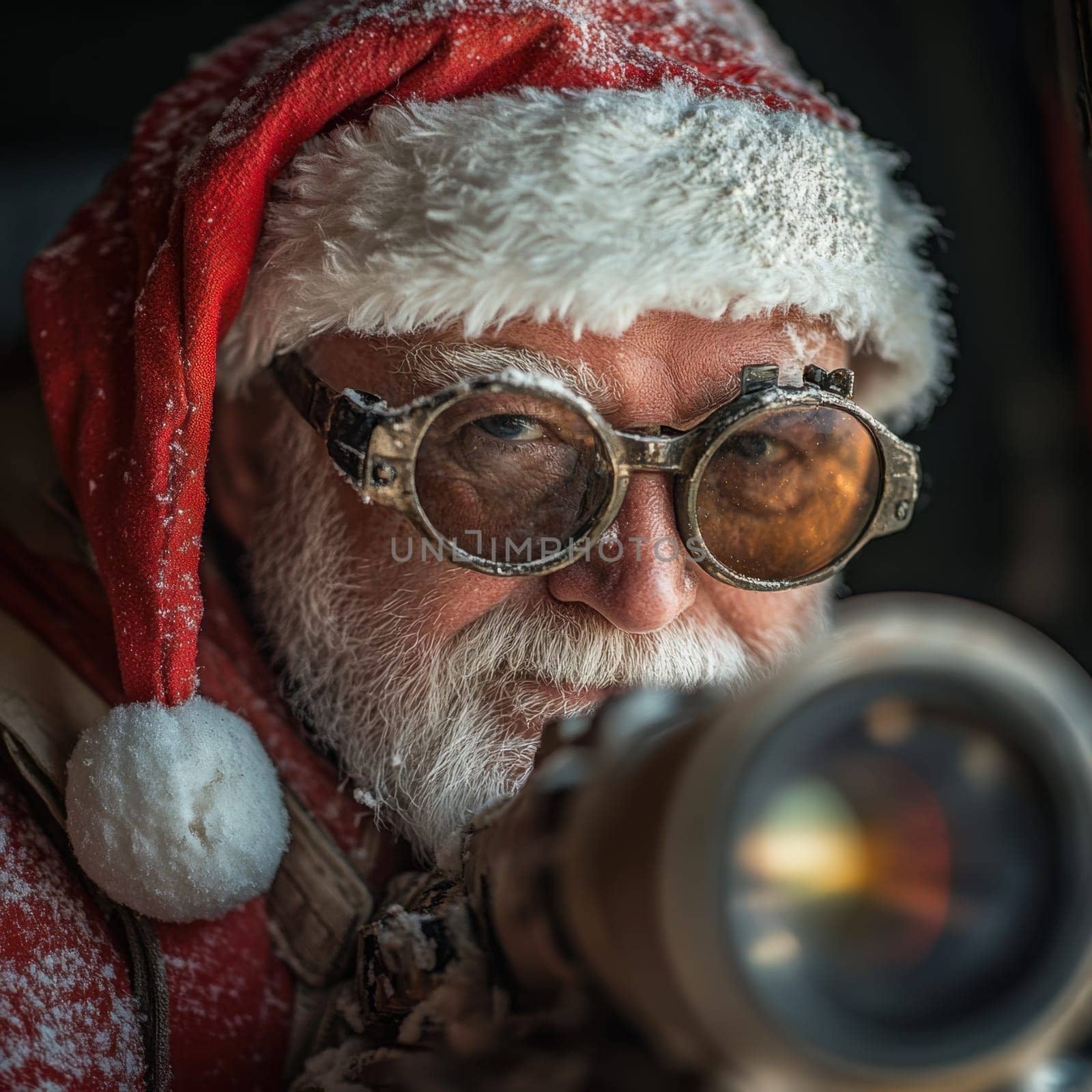 An elderly man wearing a Santa hat and goggles is ready for an exciting winter outing in a snowy environment.