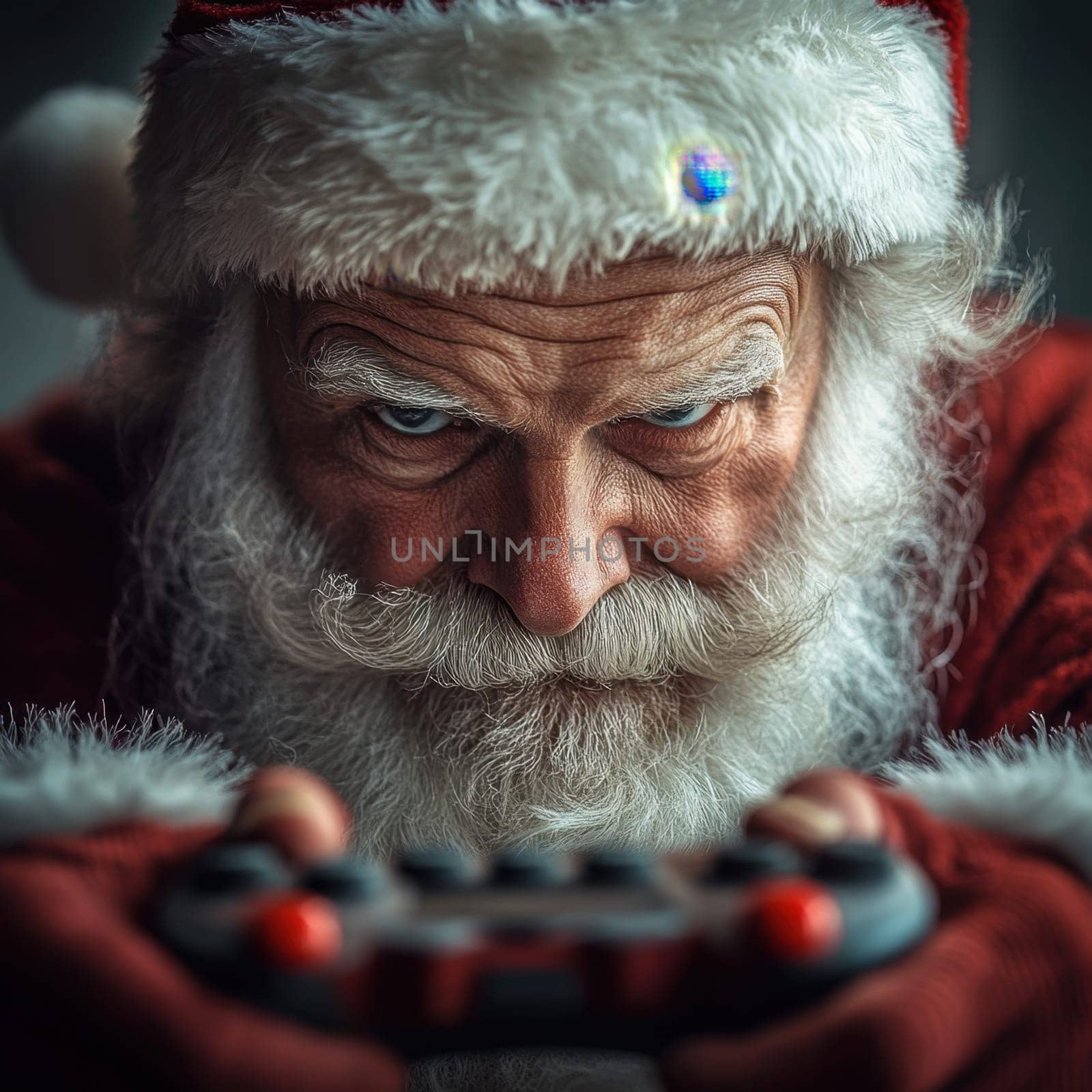 A cheerful Santa Claus plays a video game with focus showcasing holiday spirit and modern leisure in a cozy indoor setting.