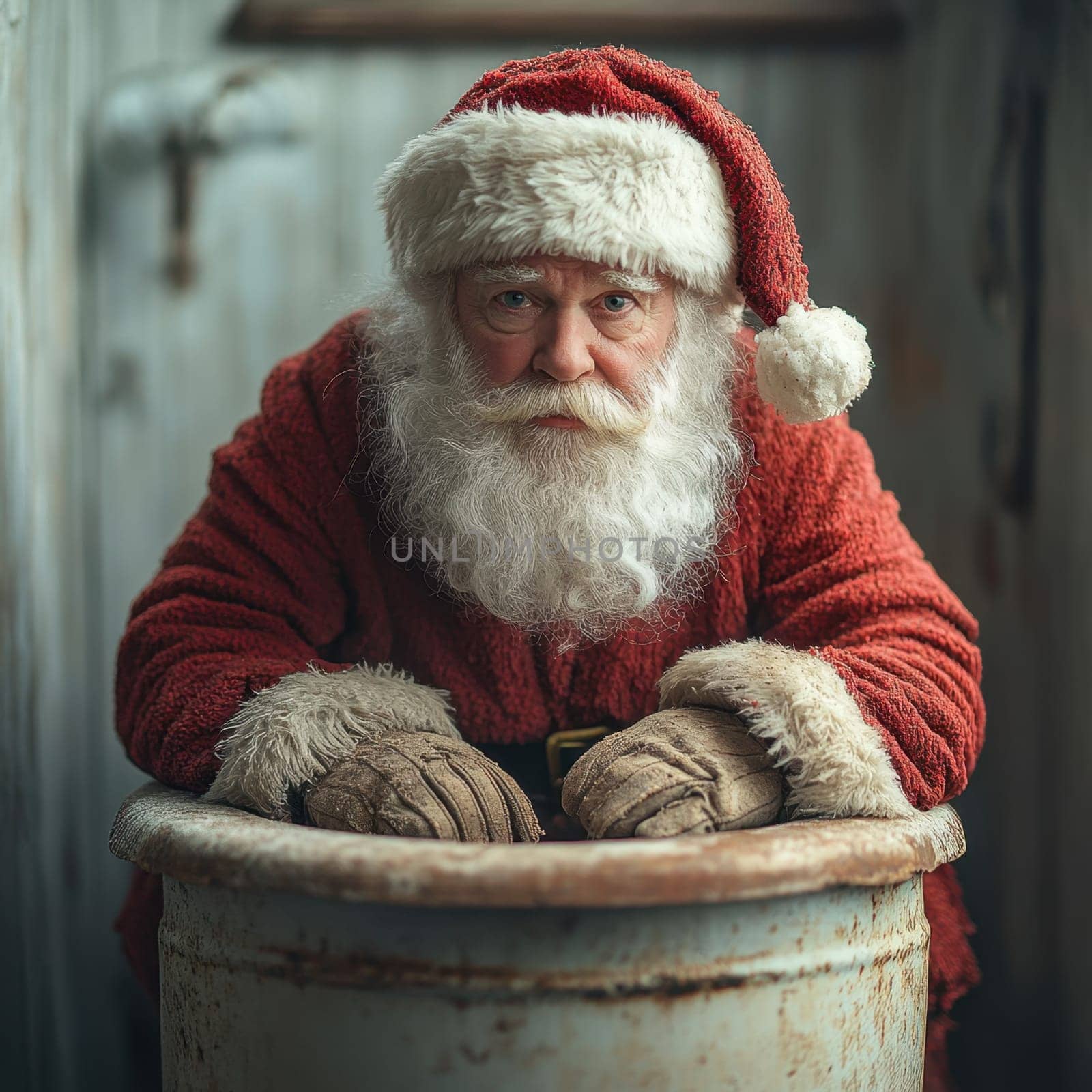 A bearded man dressed as Santa Claus sits in an old wooden tub exuding a warm and cheerful vibe in a rustic setting perfect for winter.