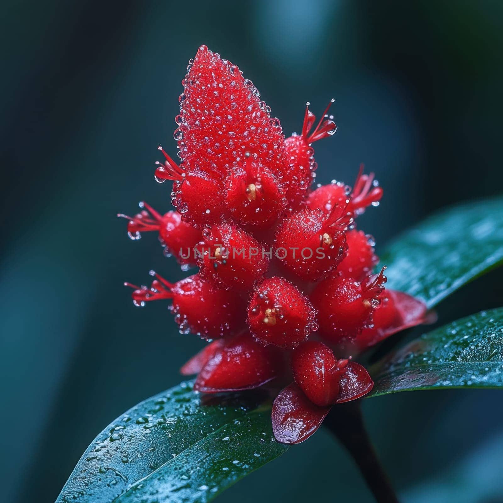 A striking red tropical flower stands out with dew droplets on its petals and leaves showcasing natures vibrant colors and textures.