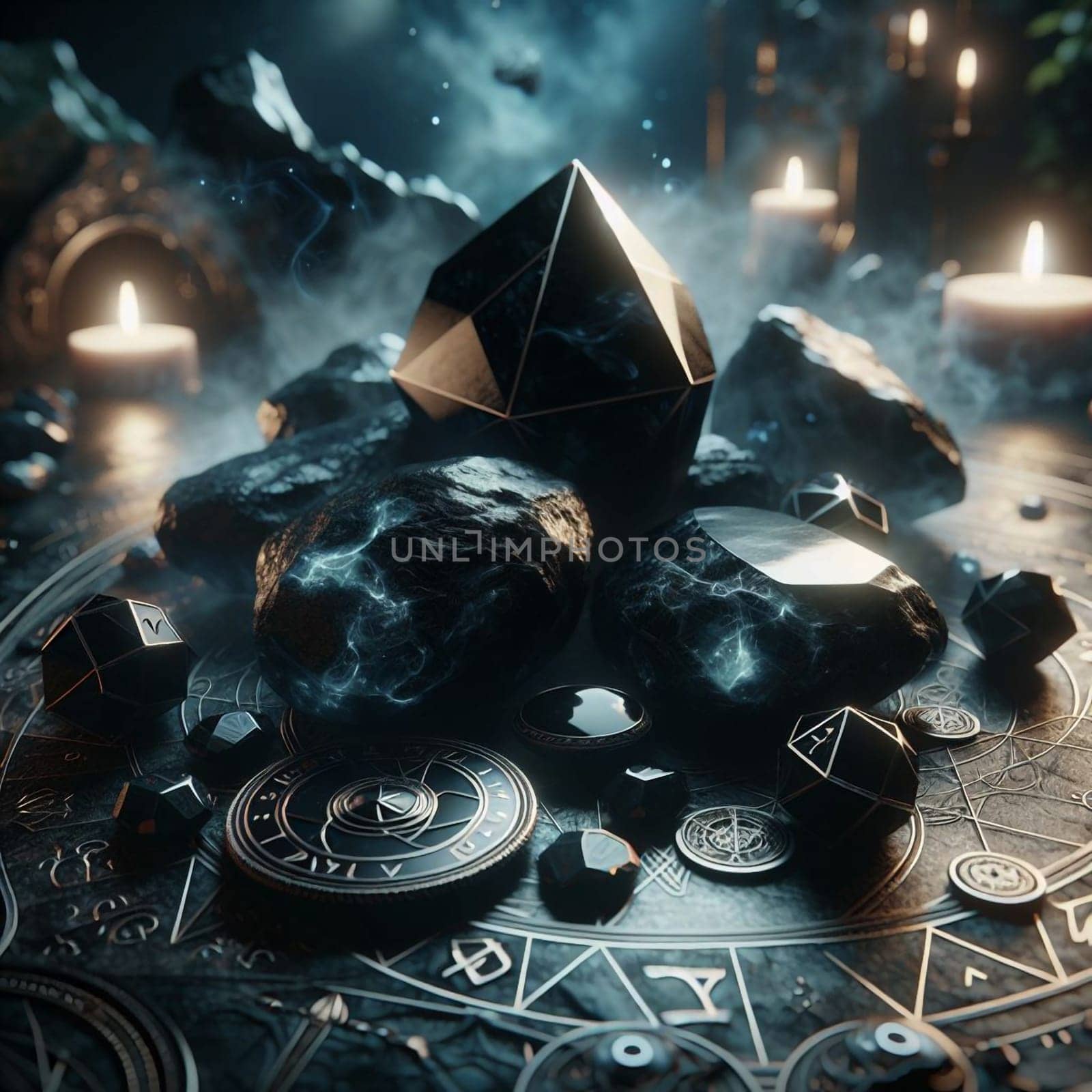 A collection of black, magical-looking objects. The objects are arranged on a circular, patterned surface, creating a mystical and magical atmosphere. A high-quality photo.