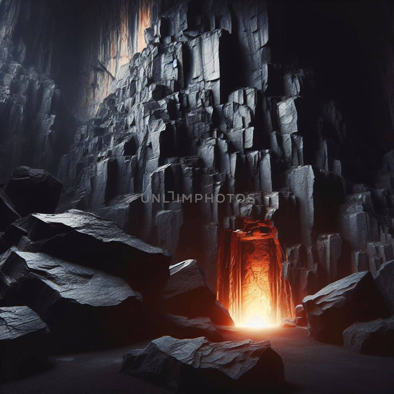 A dark cave with a glowing orange entrance. The cave is made of dark, jagged rocks and the entrance is surrounded by large boulders. A high-quality photo.