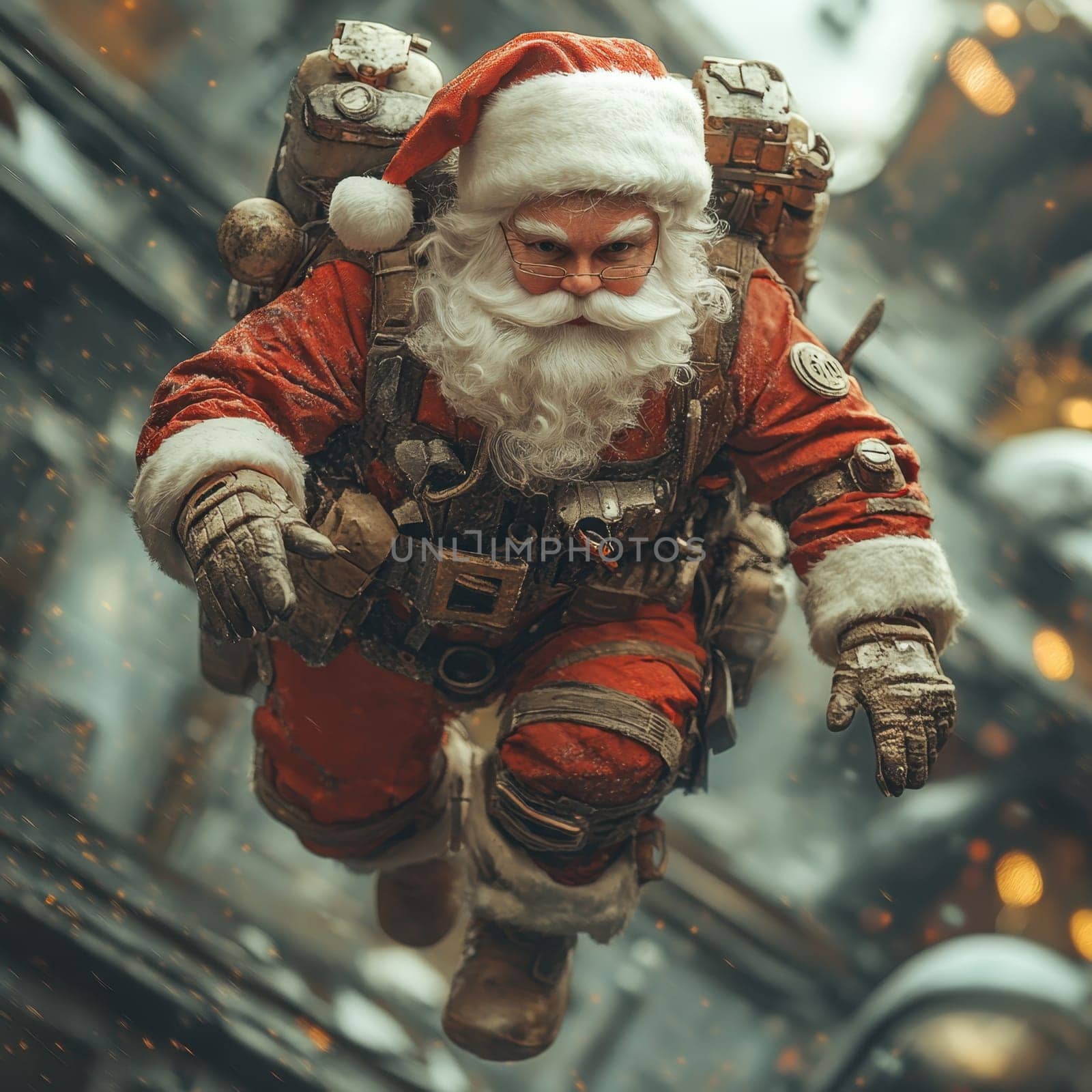 Santa Claus dressed in a vibrant red suit soars through a snowy cityscape showcasing his festive spirit and adventurous gear.