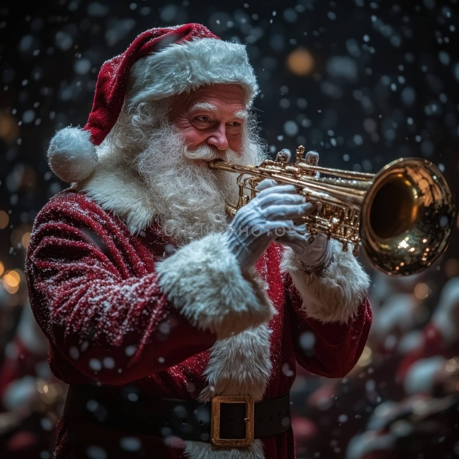 A joyful Santa brings the holiday spirit by playing a trumpet amidst falling snowflakes in a cheerful atmosphere.