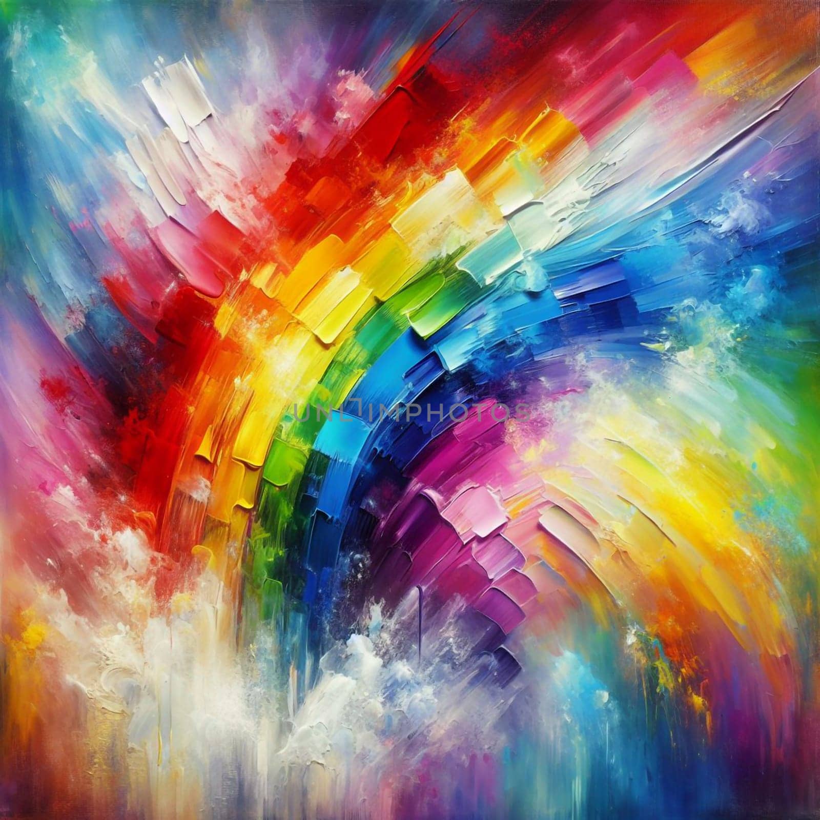 A painting of a vibrant rainbow arching across a sky with white clouds. The colors are bright and bold, with thick strokes of paint. A high-quality photo.