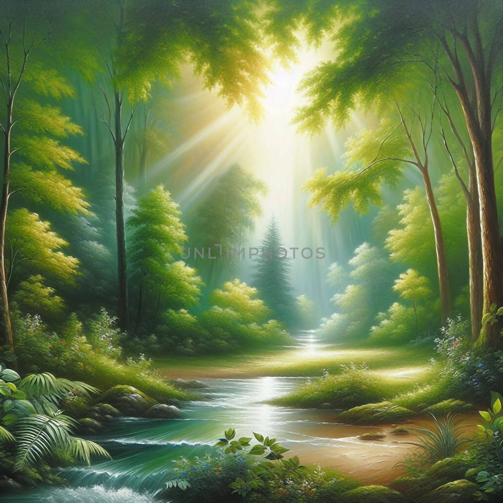 A painting of a sunlit forest path, with a stream flowing through the center. The trees are lush and green, and the light creates a warm and inviting atmosphere. A high-quality photo.