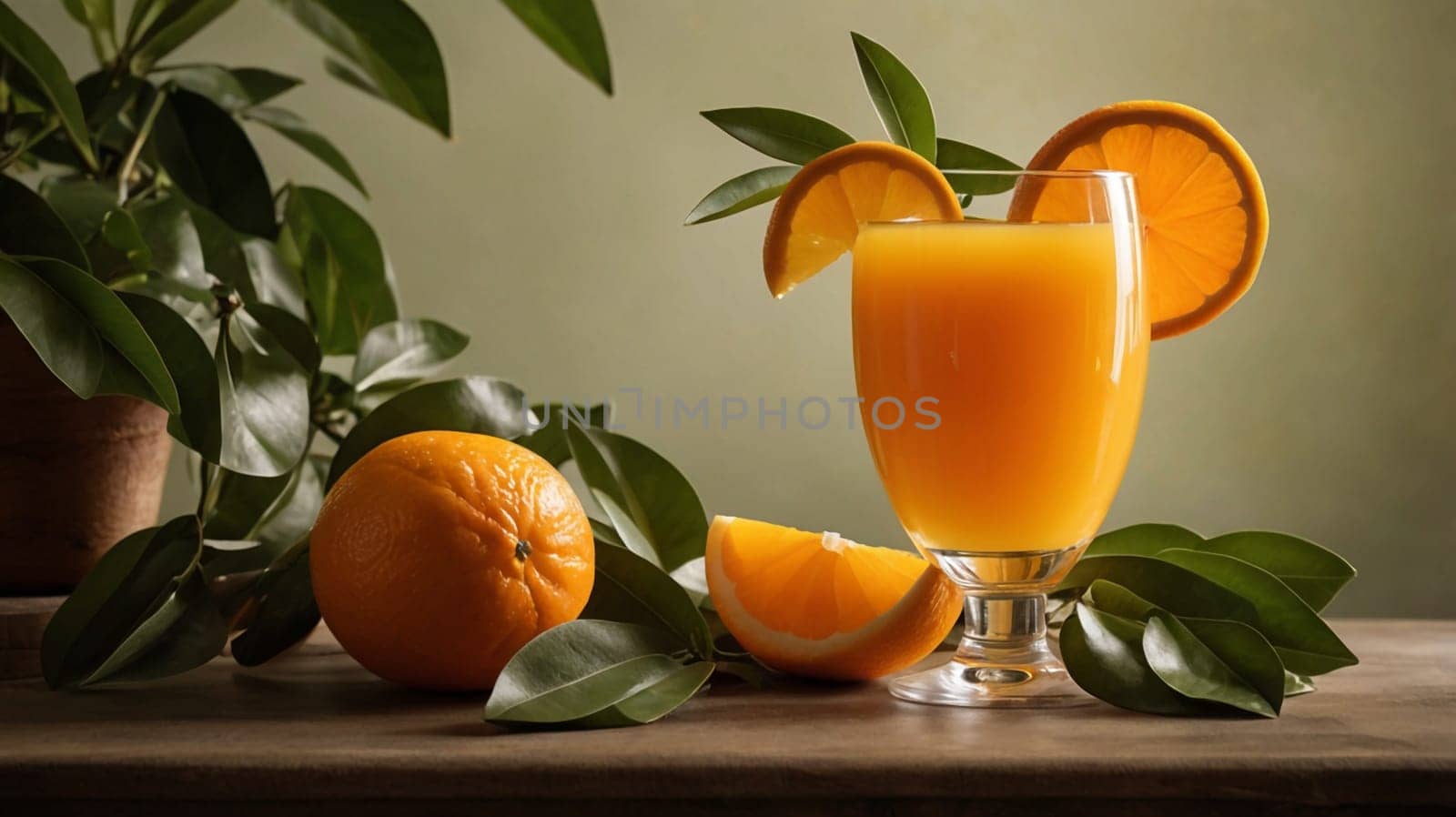 A still life photo of a glass of orange juice, a whole orange, and a sliced orange on a wooden table. The scene is lit by warm, natural light, and the oranges are fresh. A high-quality photo.