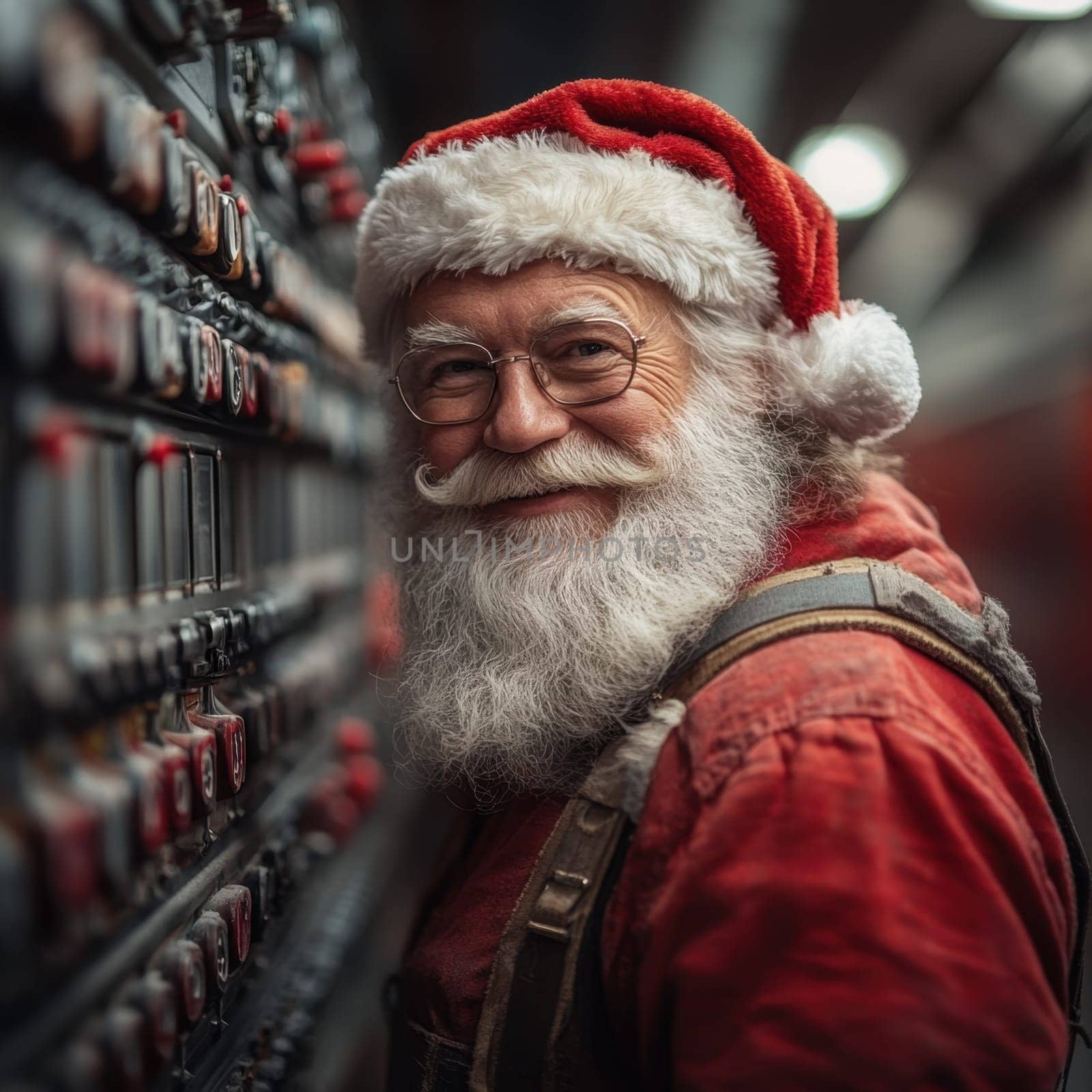 A cheerful figure dressed as Santa stands near a colorful control panel showcasing a warm smile amidst the holiday preparations.