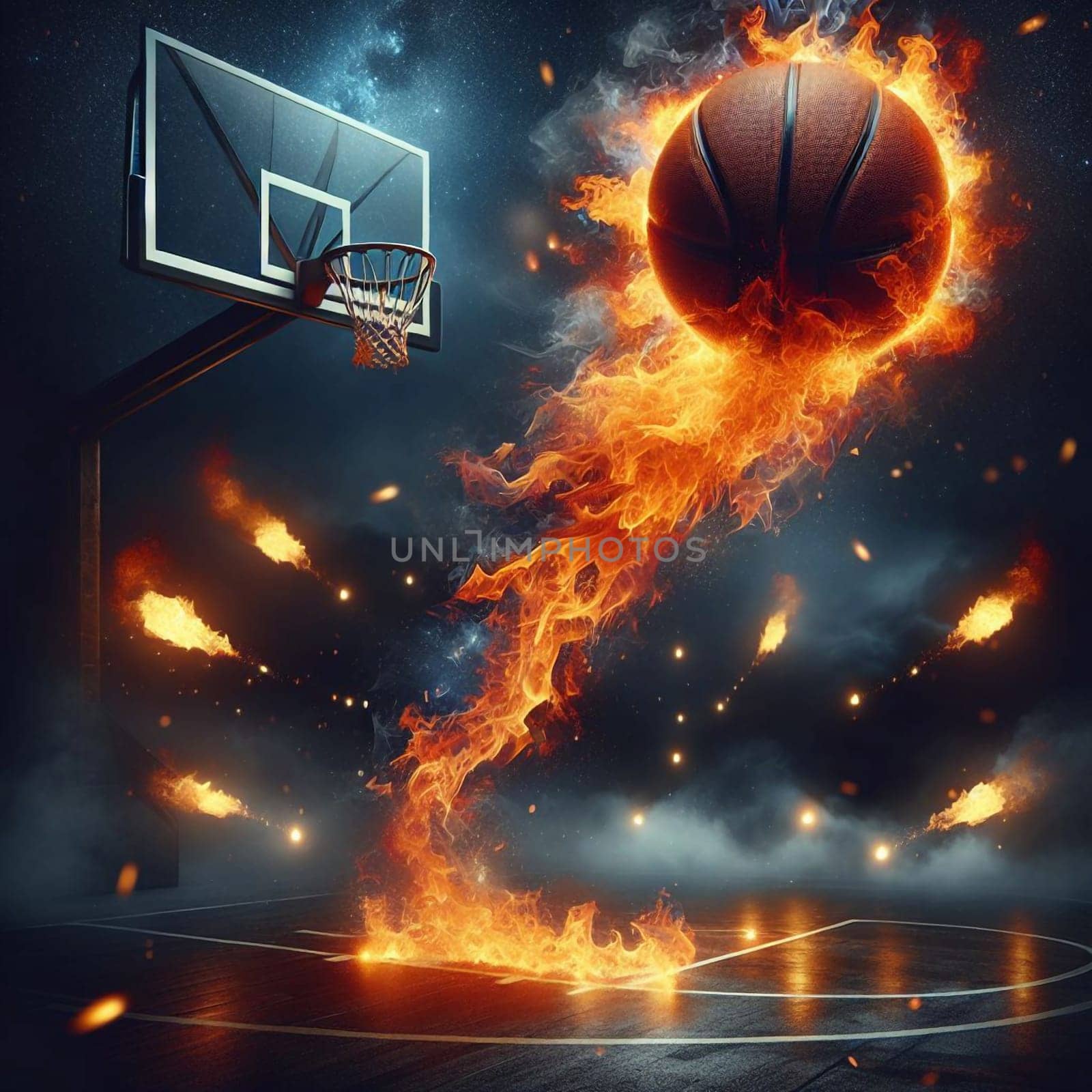 A basketball on fire, flying through the air towards a basketball hoop. The scene is set in a basketball court with a smoky, dramatic background. A high-quality photo.