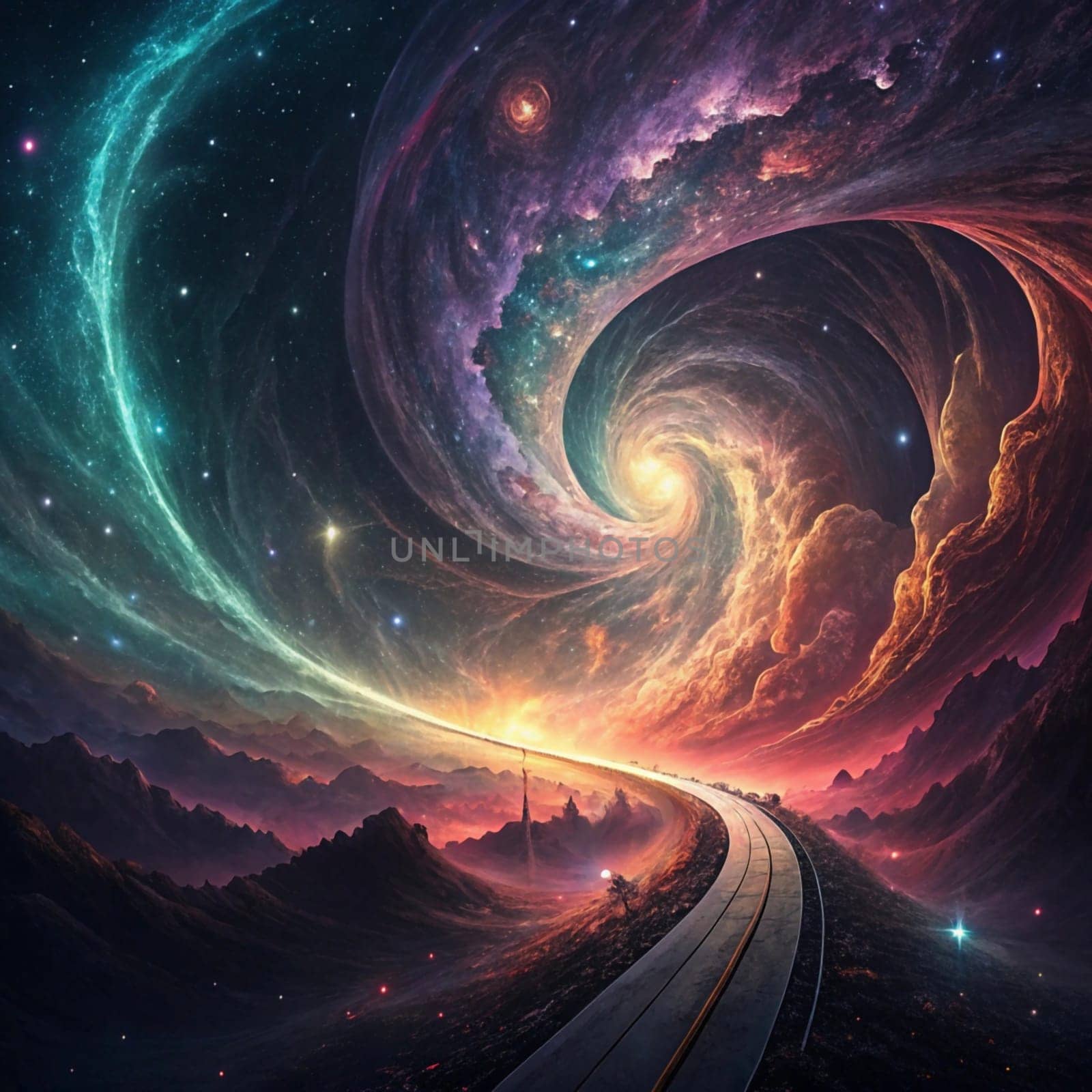 A road leads through a fantastical landscape with swirling clouds, a starry sky, and a distant sunrise. The scene is full of vibrant colors and a sense of wonder. A high-quality photo.