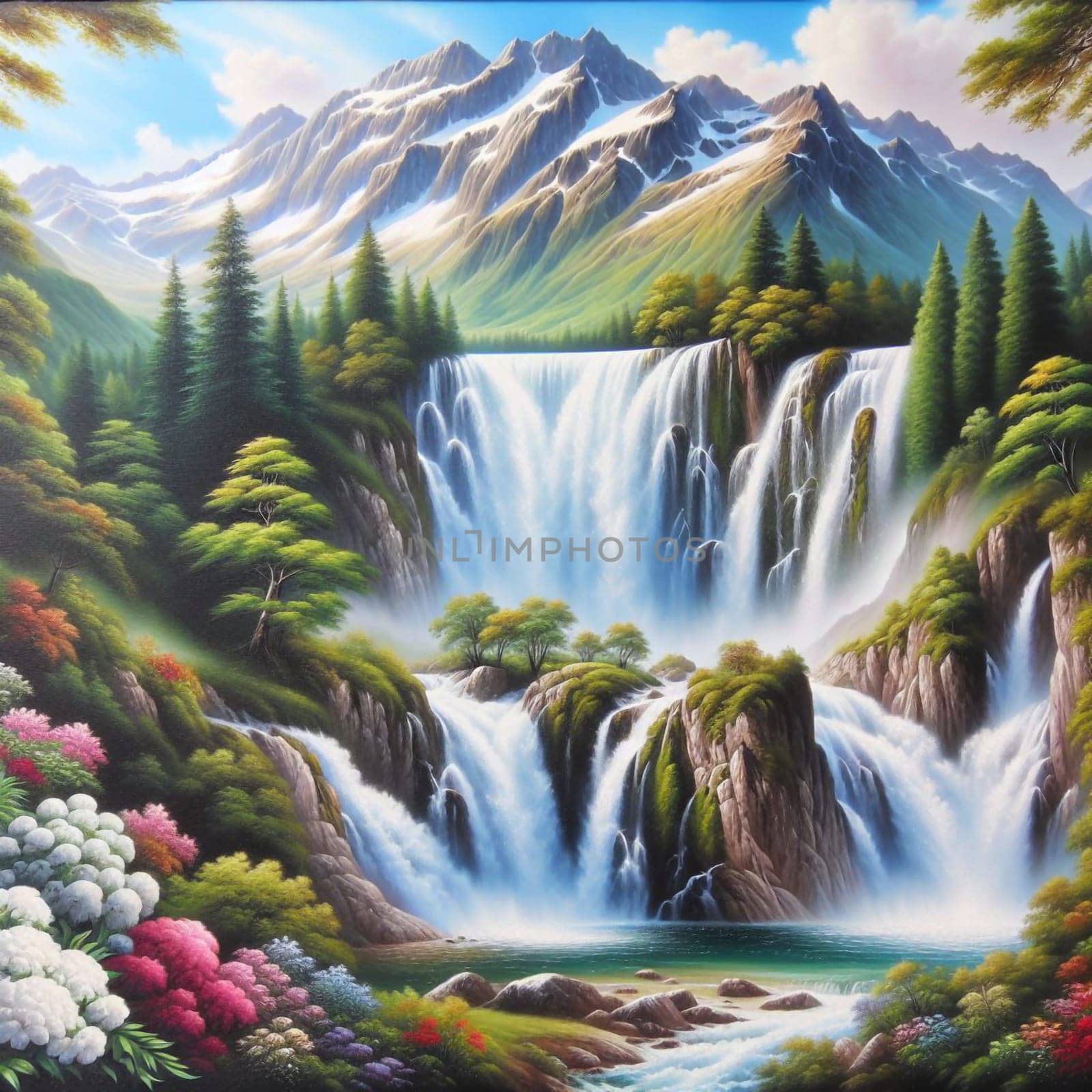 A painting of a lush green valley with a majestic waterfall cascading down a rocky cliff. The scene is filled with vibrant colors and details, including snow-capped mountains. A high-quality photo.