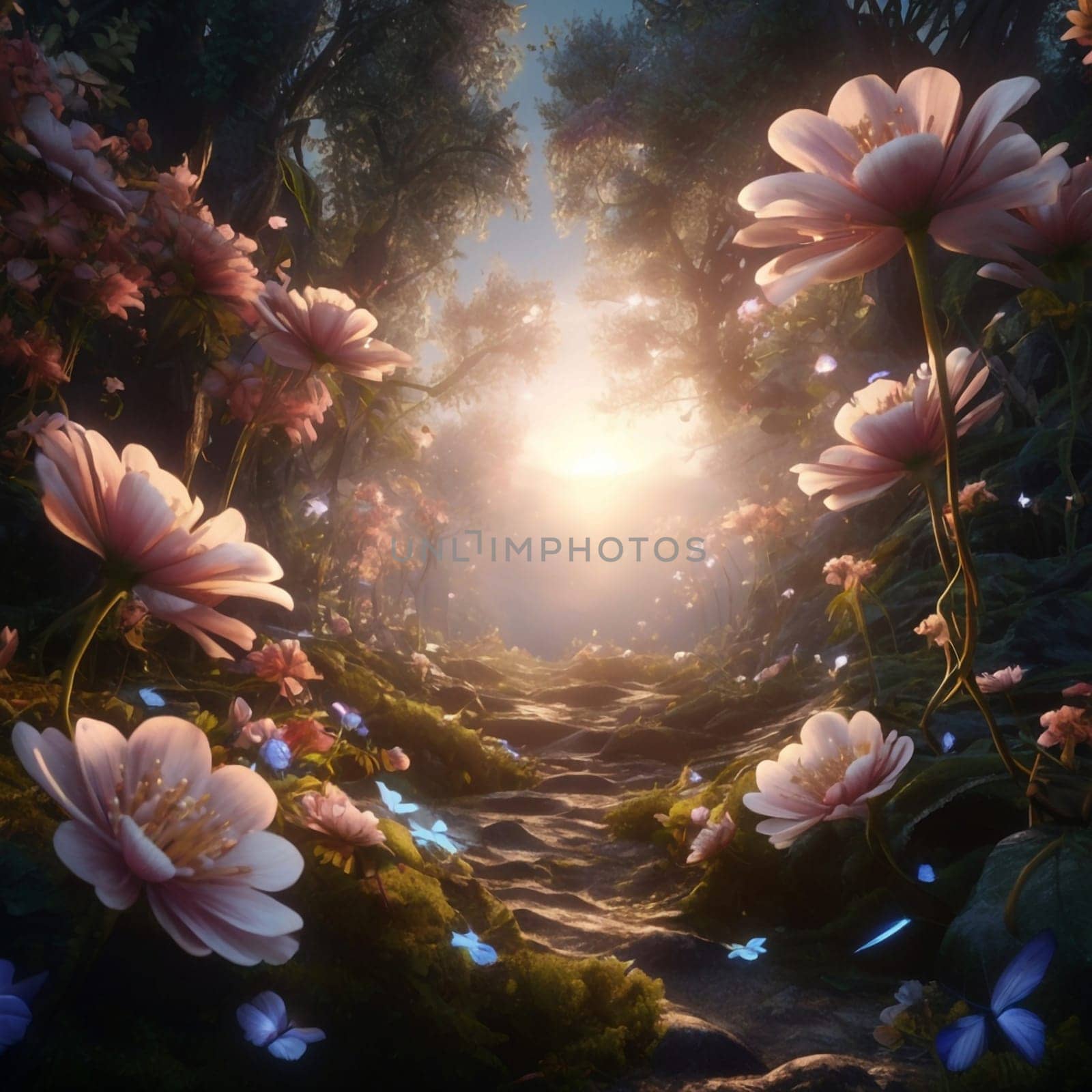 A stone path leads through a forest with pink flowers and butterflies. The sun shines through the trees, creating a warm and magical atmosphere. A high-quality photo.