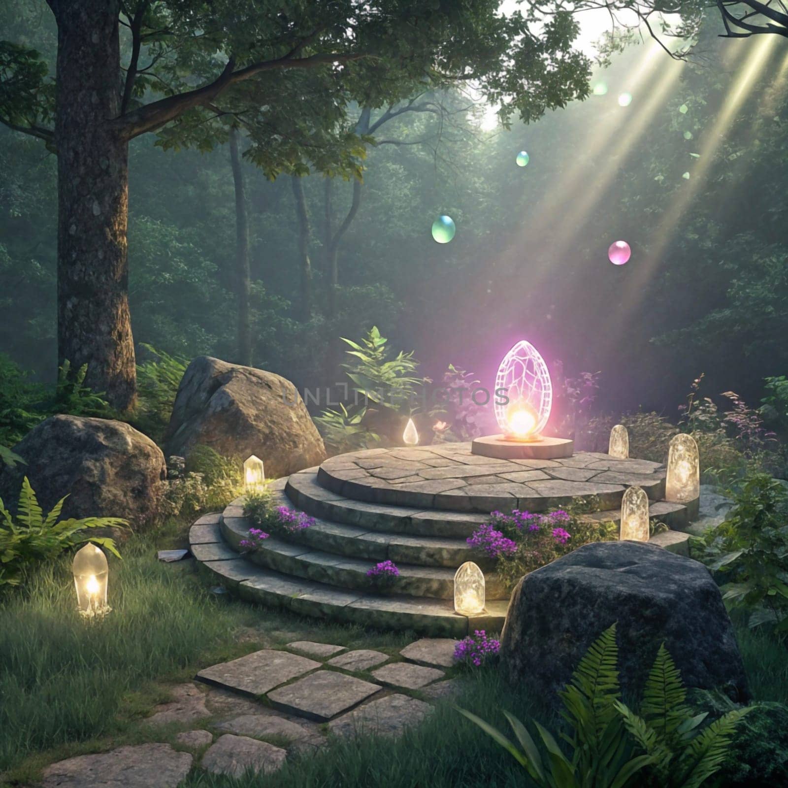 A magical scene with a glowing orb and a stone platform in a lush forest. The scene is surrounded by glowing lights and floating orbs. A high-quality photo.
