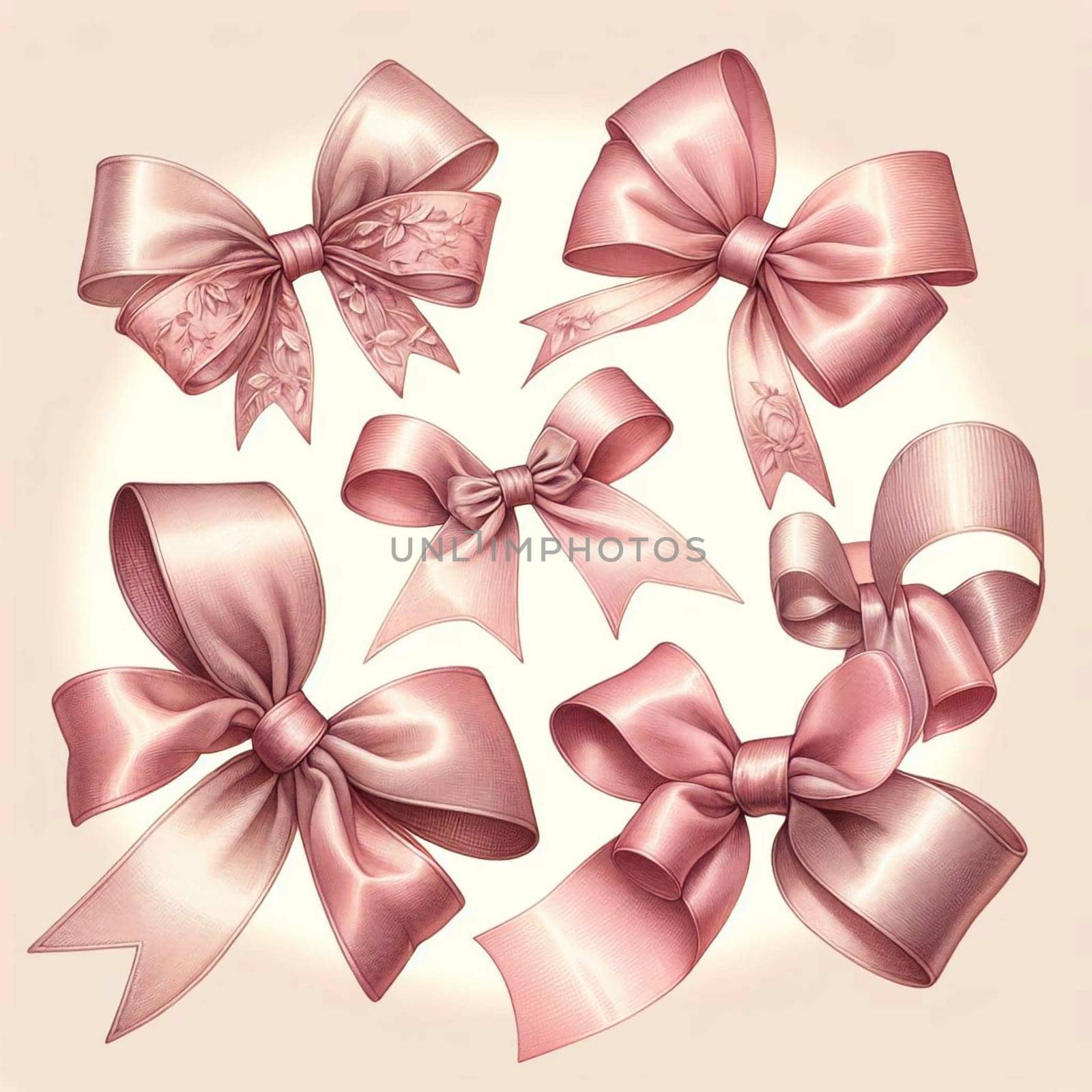 A set of pink satin bows with different designs. The bows are rendered in a realistic style with detailed textures and shading. A high-quality photo.