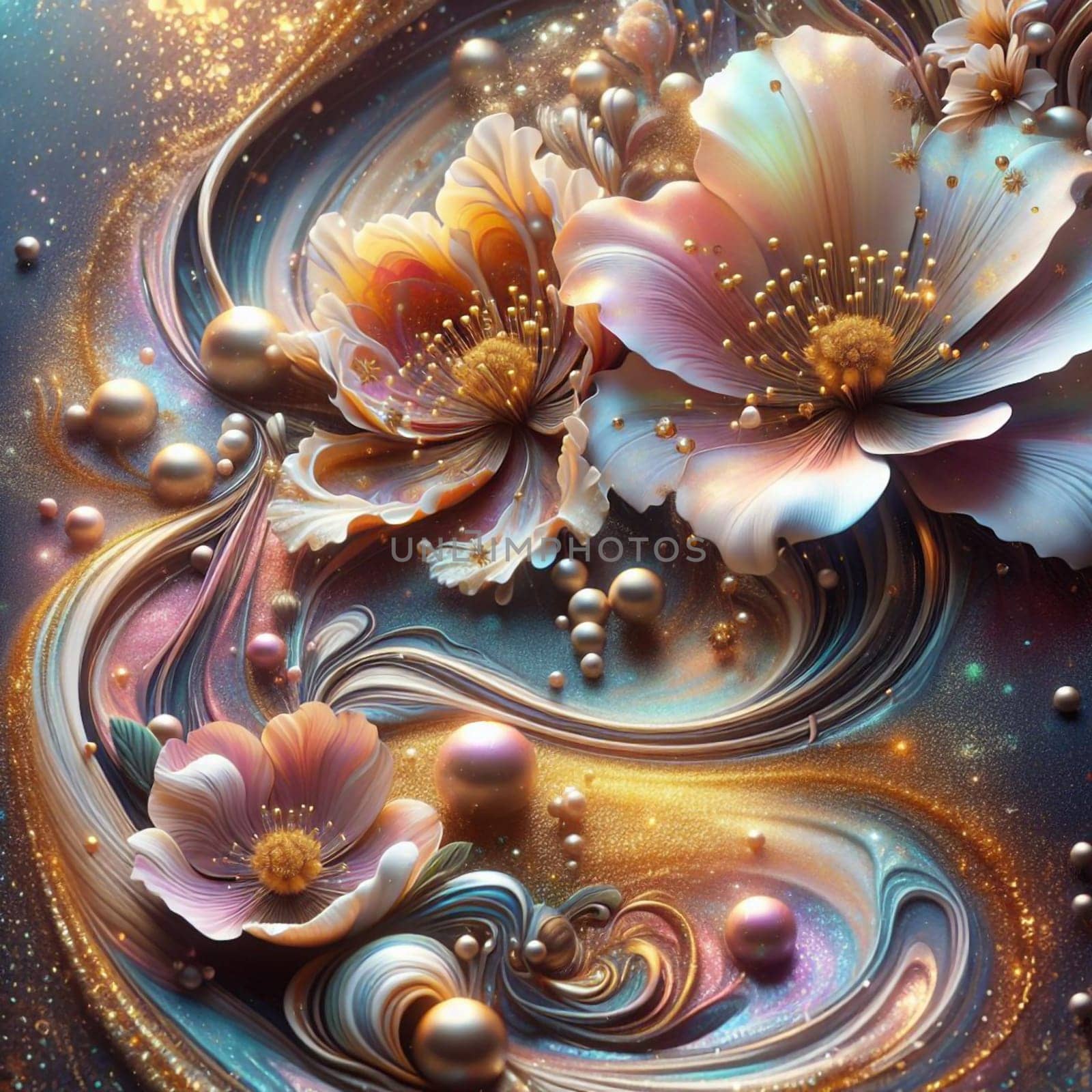 A 3D illustration of two white flowers with golden centers, surrounded by a swirling, colorful background. The flowers are delicate and elegant, with a soft, ethereal glow. A high-quality photo.