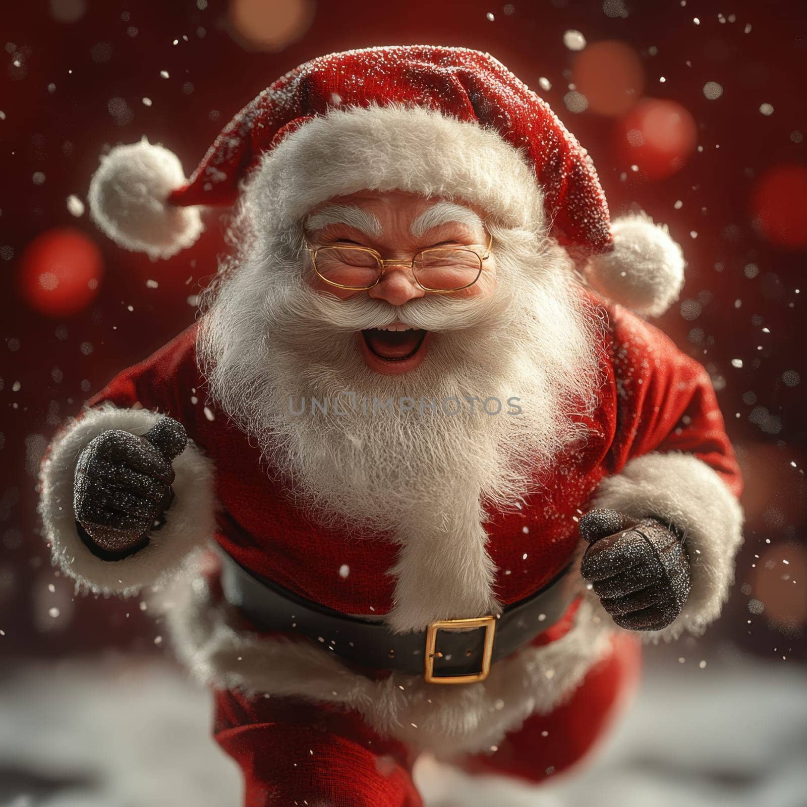 Santa Claus is happily running through a snowy landscape spreading holiday cheer in a festive atmosphere with falling snowflakes.
