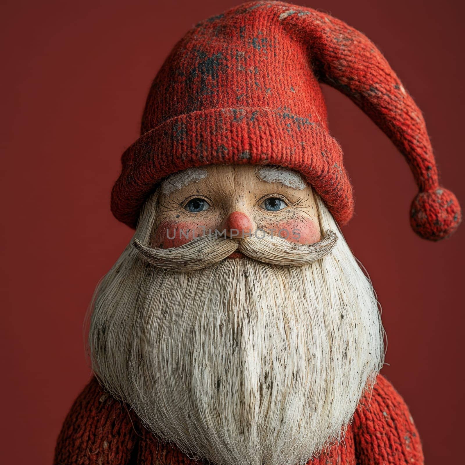 A handcrafted Santa figure features a textured red knit hat and a white beard exuding a cozy holiday spirit in front of a red backdrop.