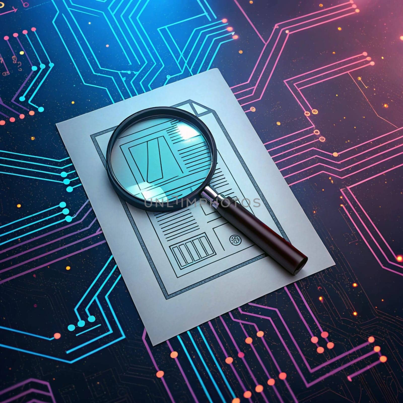 A magnifying glass is placed on a sheet of paper with a blueprint design, representing the concept of exploration and analysis. A high-quality photo.